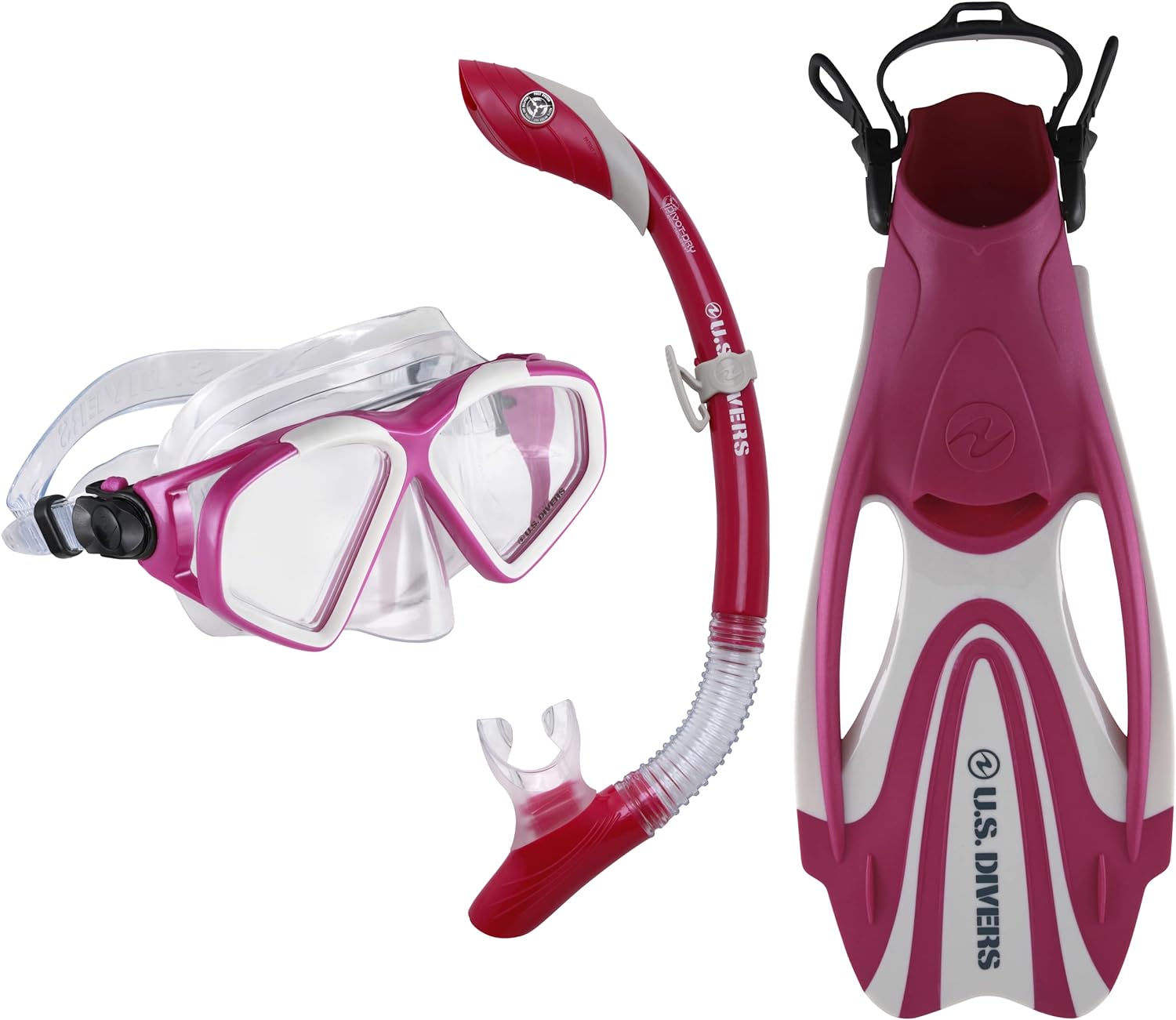 U.S. Divers Cozumel Adult Snorkel Set - Anti-Fog PC Lens, Easy-Adjust Mask Buckles, Dry Top Snorkel, Adjustable Fin Buckles - Explore Series Unisex Adult, Small, Gray/Dark Pink,SR3981022S