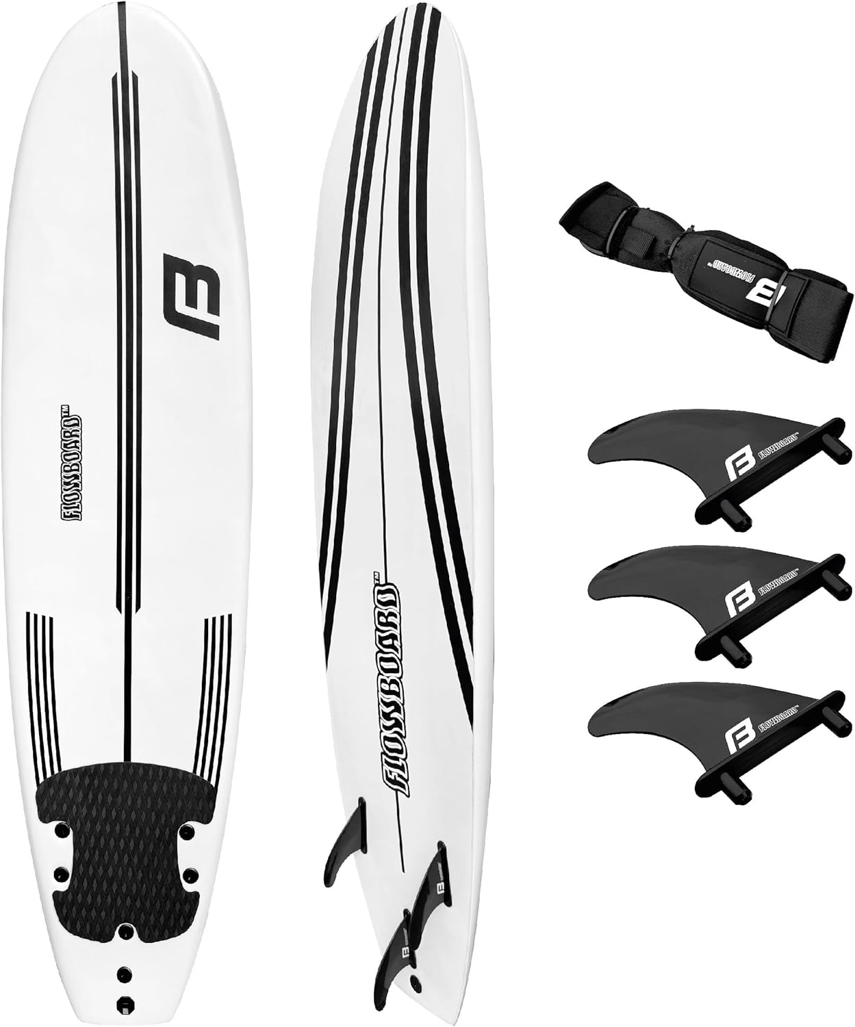 FLOWBOARD Surfboard Softboard Foam 6’ and 7’ and 8' - Includes (3) Fins 6 Foot Long Leash and (2) Wood Stringers - Kids & Adults - Beginner to Intermediate - Comes with High Performance Traction Pad