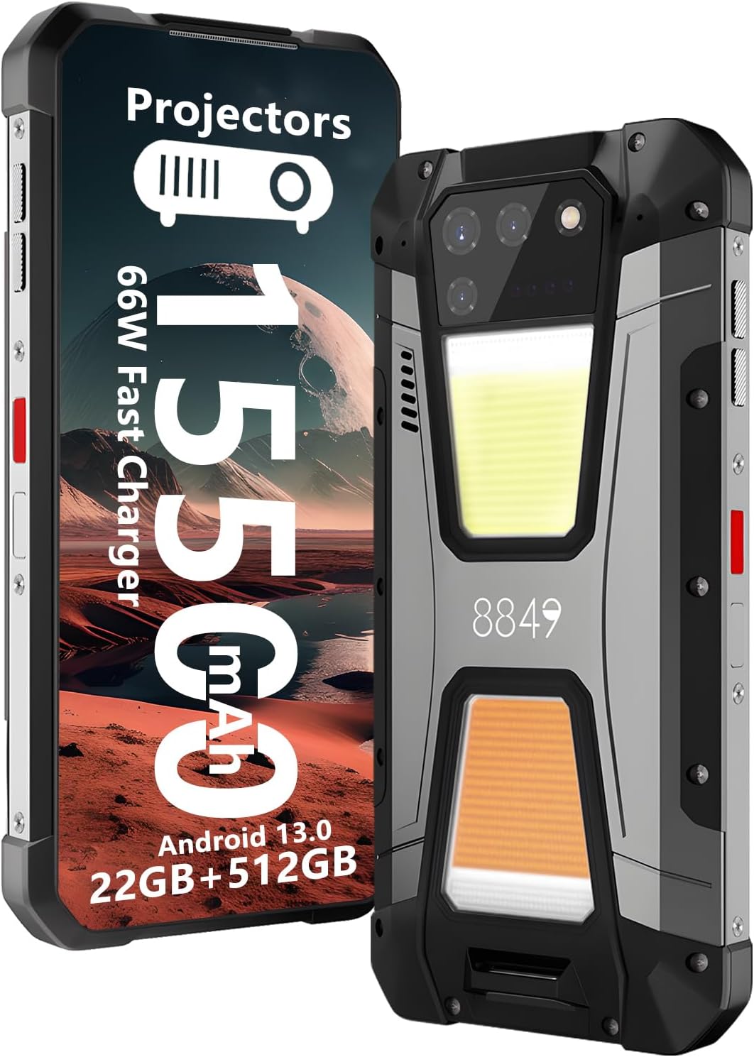 8849 Tank 2, 4G Unlocked Rugged Smartphone with Laser Projector, IP68 Waterproof Outdoor Smartphone with 22GB+512GB, FHD 6.79" ,15500mAh Battery, 108MP Camera, Andriod 13, 66W Fast Charger, OTG/NFC