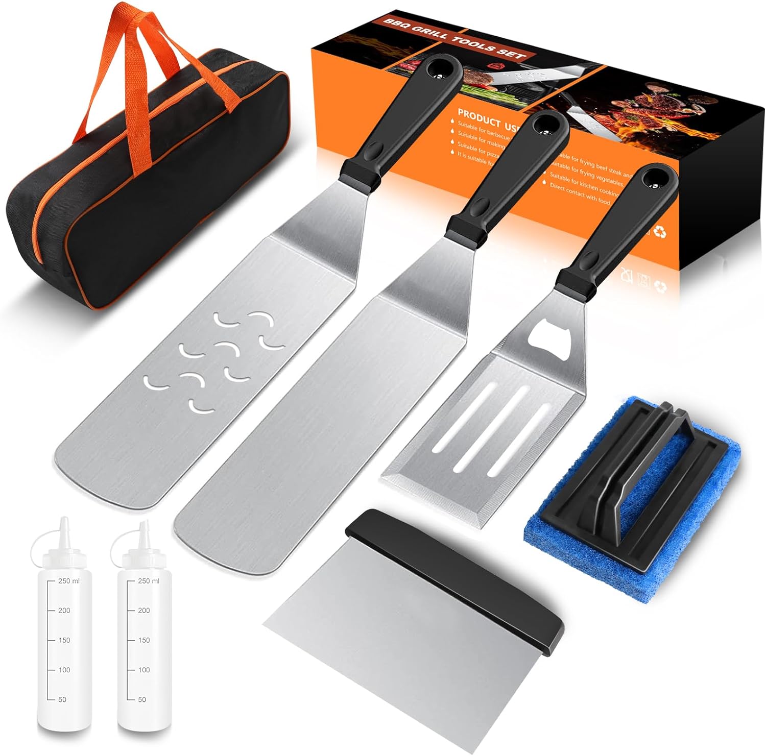 Griddle Accessories Kit, 8pcs Blackstone Accessories Kit for Blackstone and Camp Chef, Professional Griddle Accessories Kit with Spatula & Carry Bag for Great for Outdoor BBQ, Teppanyaki and Camping