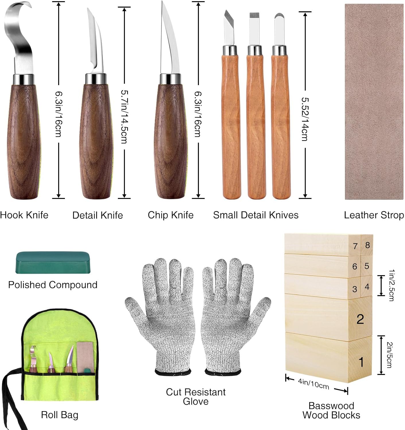 Wood Whittling Kit for Beginners Kids and Adults,Wood Carving kit Set With 8PCS Basswood Carving Blocks,Wood Carving Tools Gift include 6PCS Whittling Knife,Gloves,Roll Bag,Sharpener for Widdling Kit