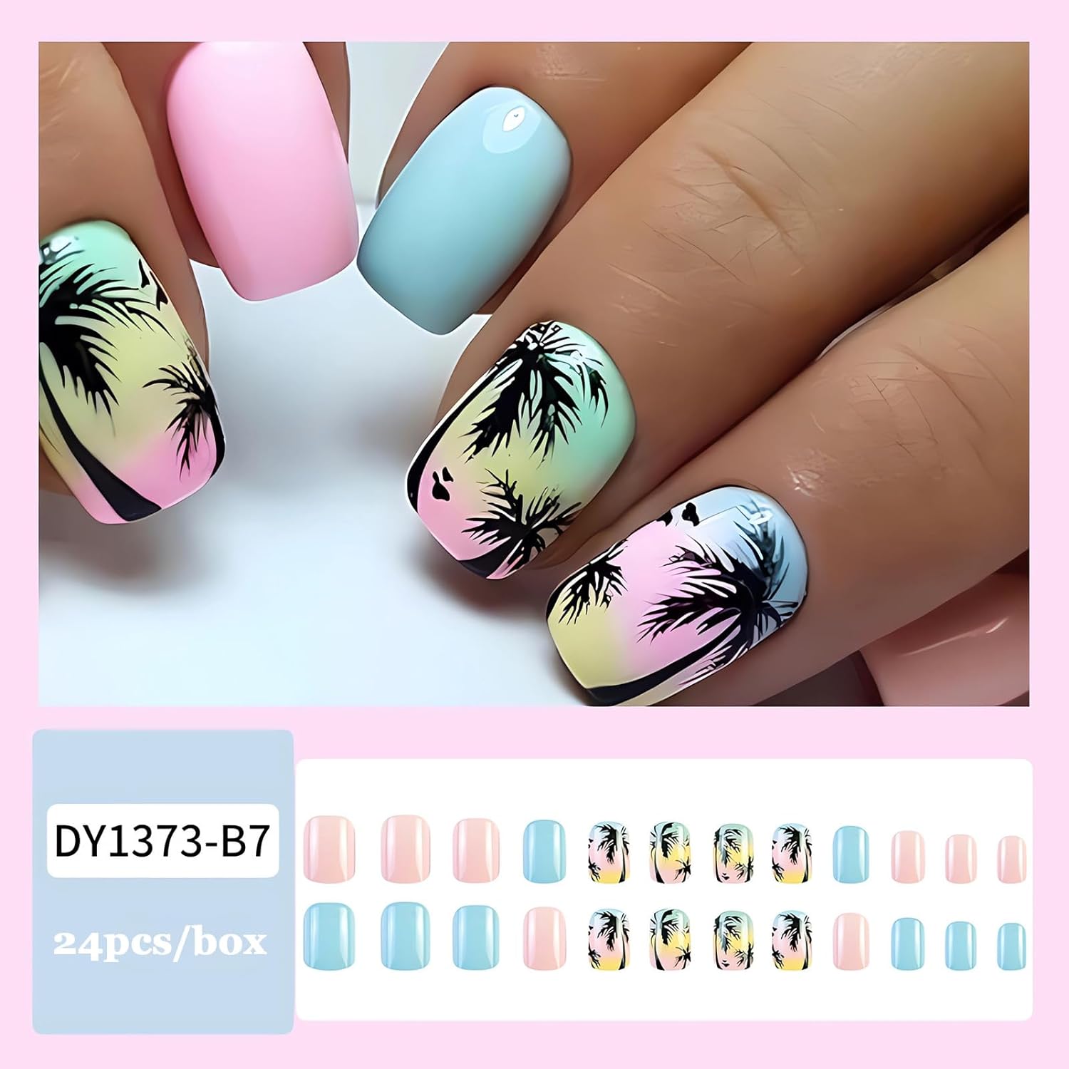 Short Press on Nails Square Fake Nails Summer Palm Tree Acrylic Nails Press ons Glossy Blue Pink Glue on Nails with Twilight Beach Designs Short False Nails Summer Artificial Nails for Women Girls