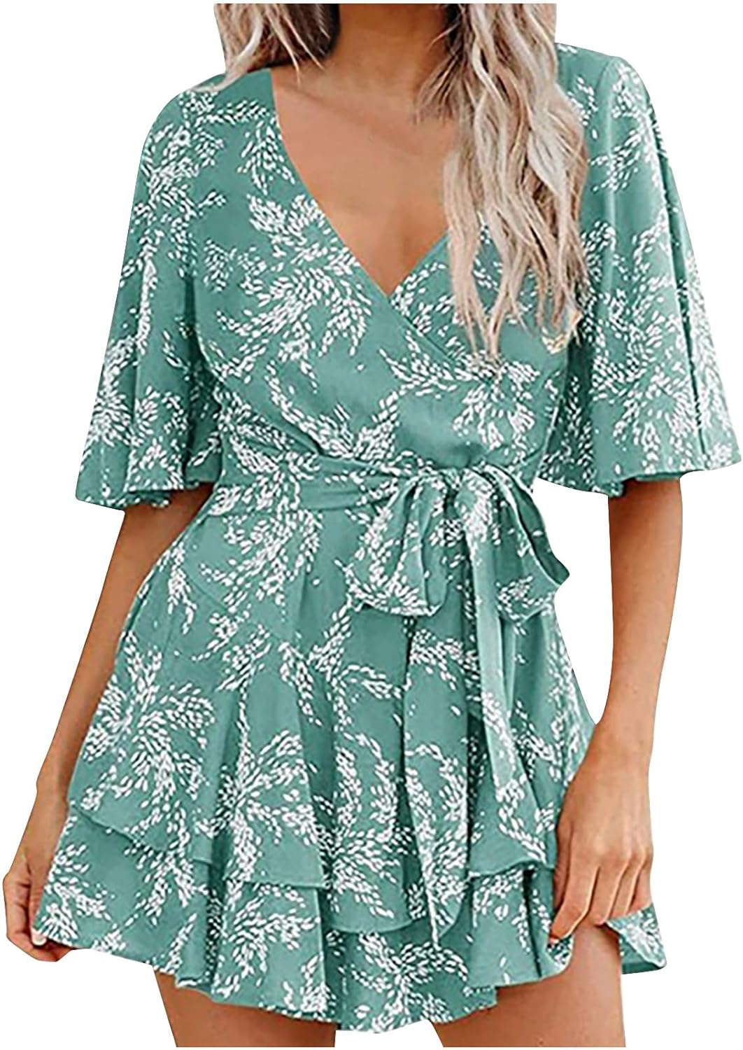 Women Summer Outfits Romper V Neck Floral Print Jumpsuit Short Flared Sleeve Tie Waist Tiered Ruffle Hem Cute Rompers