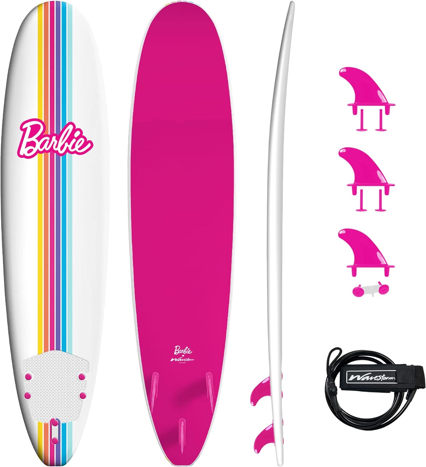 Barbie™ Signature 8ft Surfboard by Wavestorm | Graphic top Deck with high Density Slick Bottom | for Kids and Adults |Foam Construction with Accessories | Leg Leash and Fin Set Included,White