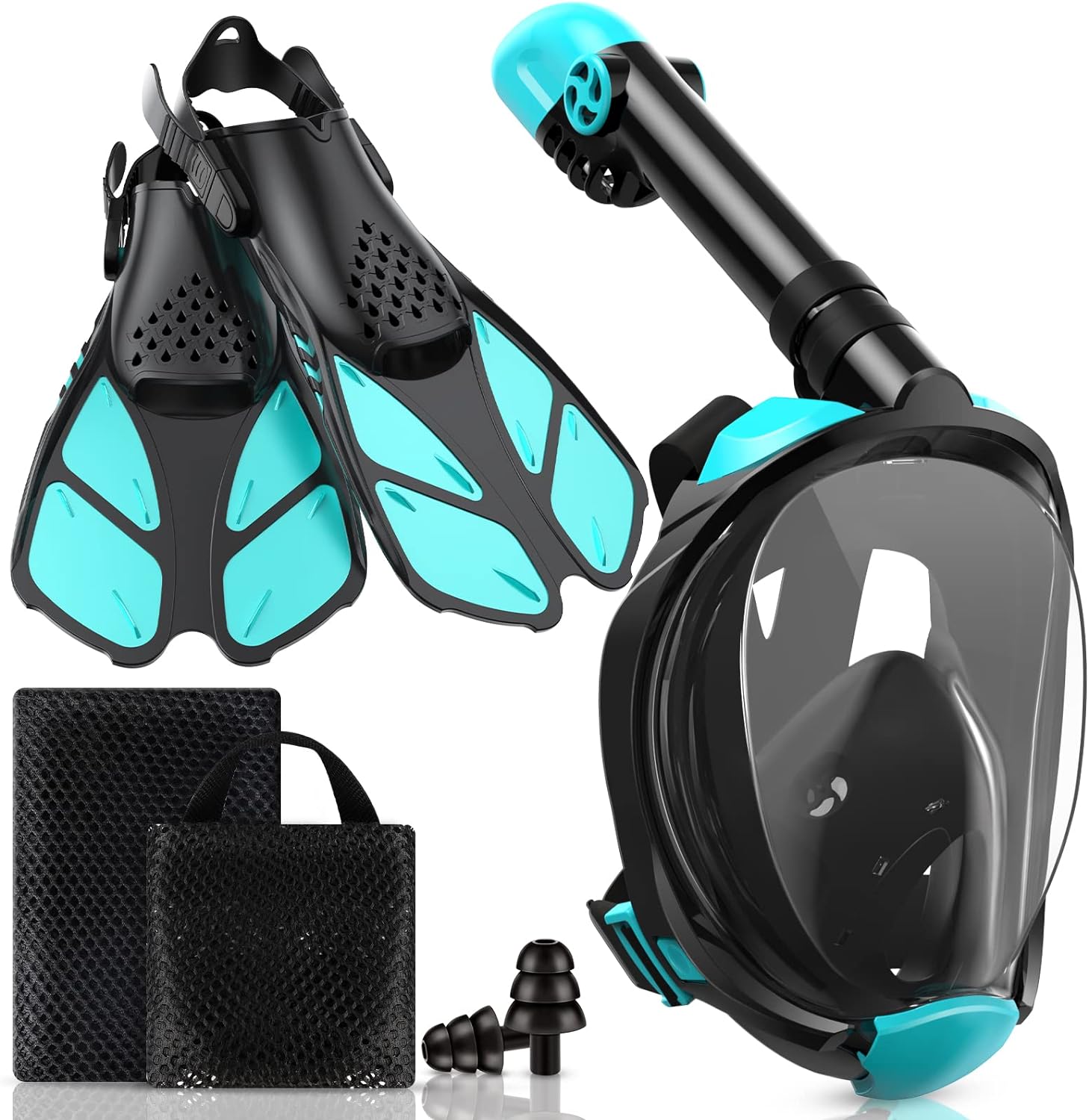 Mask Fins Snorkeling Gear for Adults, Full Face Snorkel Mask & Adjustable Swim Fins Snorkel Set, Panoramic View Snorkel Mask Dry Top System Anti-Fog Anti-Leak