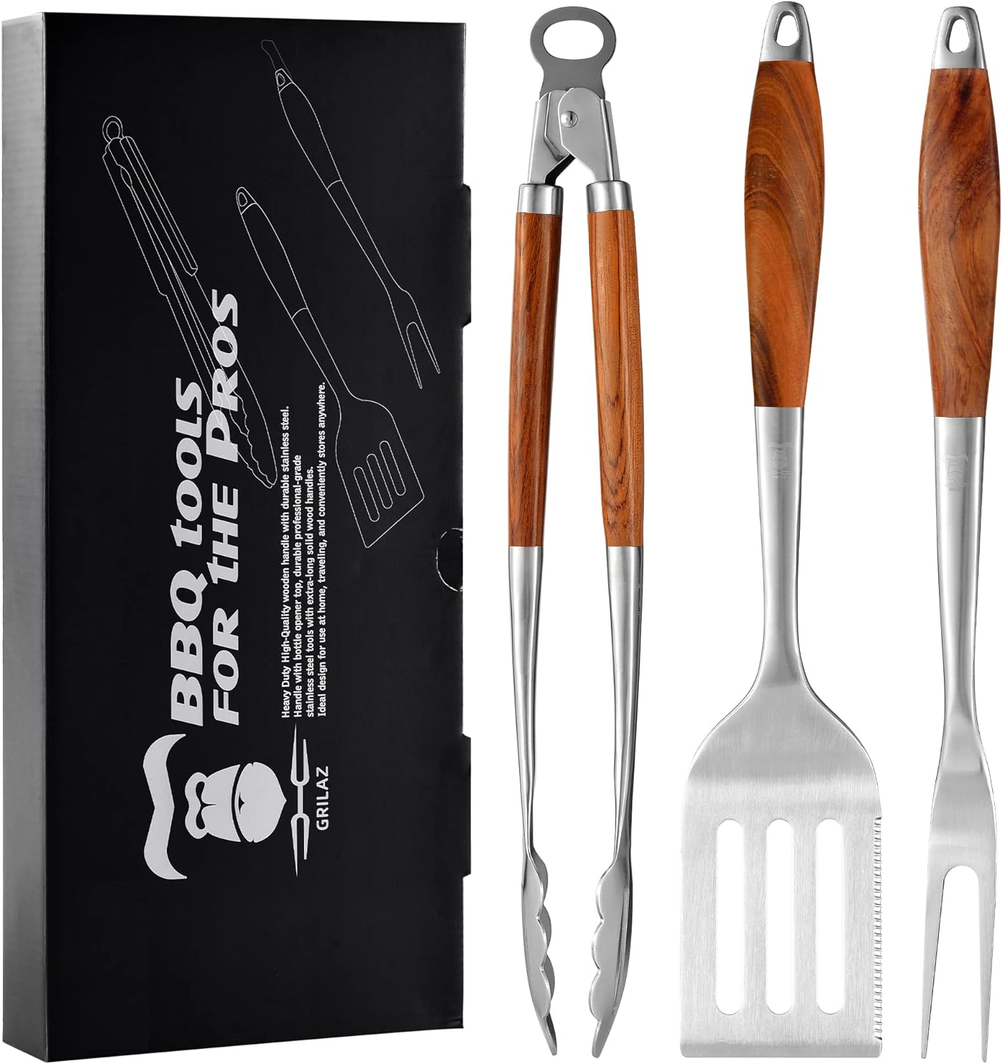 Heavy-Duty Rose Wooden BBQ Grilling Tools Set. Extra Thick Stainless Steel Multi-Function Spatula, Fork & Tongs | Essential Accessories for Barbecue & Grill. Ideal Gift for Father…