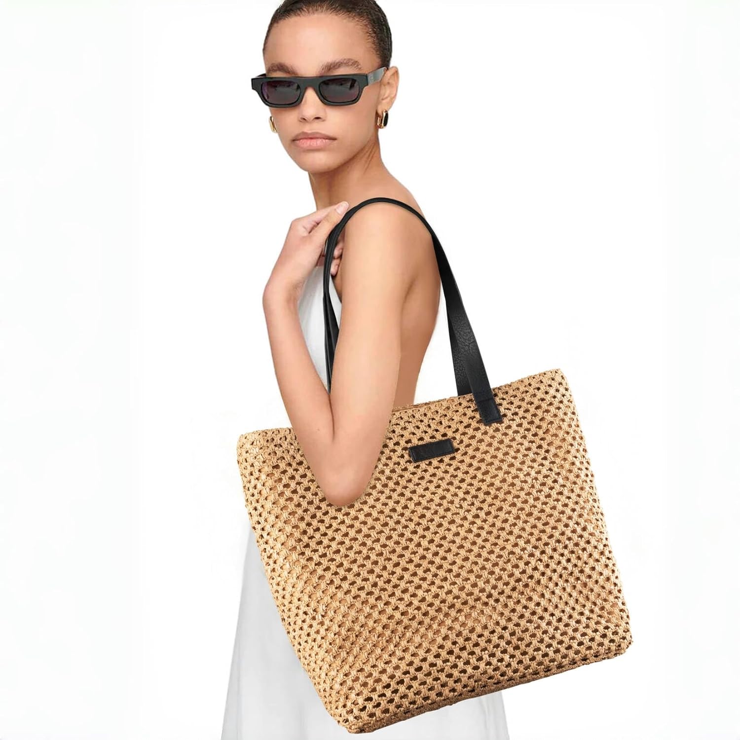 YXILEE Straw Bag for Women - Summer Beach Foldable Staw Tote Bag - Handmade Large Zipper Woven Shoulder Bags Pool for Summer