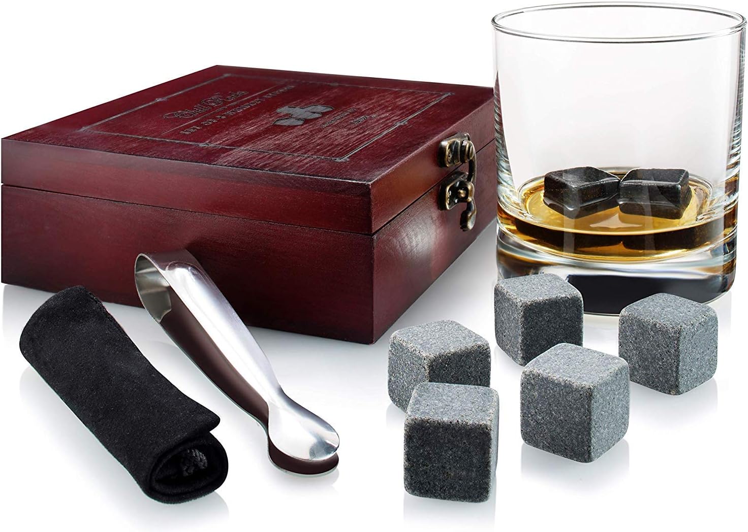 Gift Set of 8 Whiskey Chilling Stones [Chill Rocks] - in Premium Wooden Gift Box with Stainless Steel Tongs and Velvet Carrying Pouch - Made of Pure Soapstone - by Quiseen