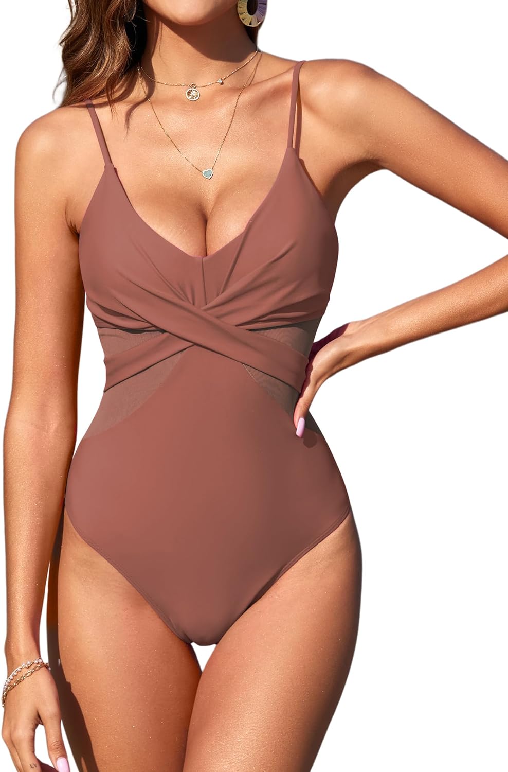 ZAFUL One Piece Swimsuit for Women V Neck Mesh Cutout Swimwear Cross Front Tummy Control Push Up Bathing Suit