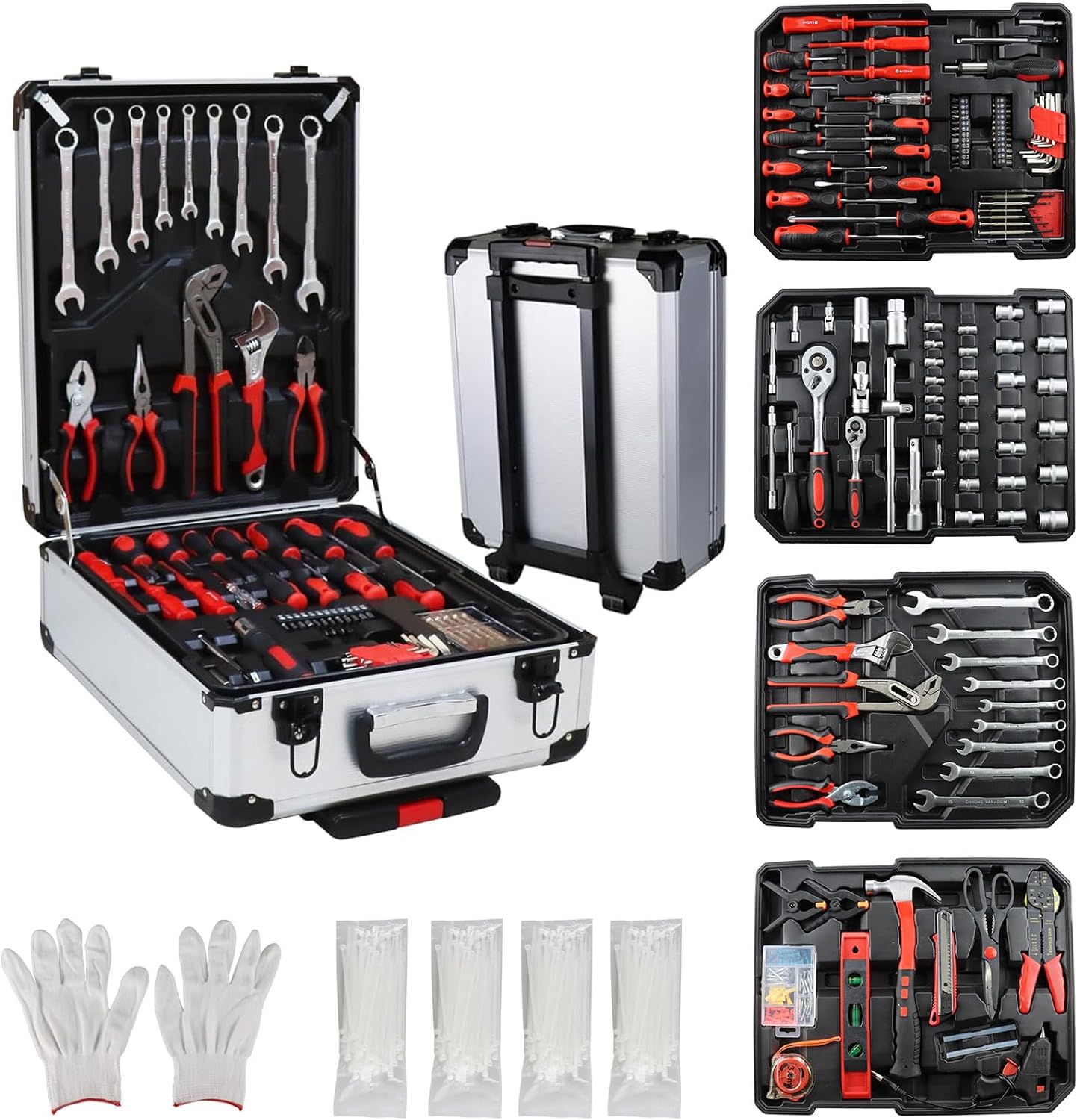 899pcs Home Repair Tool Set Kit for Men, Toolbox Storage Case with 4 Drawers, General Household Tool Kit with Rolling Tool Box, Tool Set Kit for Maintenance, Garden, Homeowner, Handyman -Silver