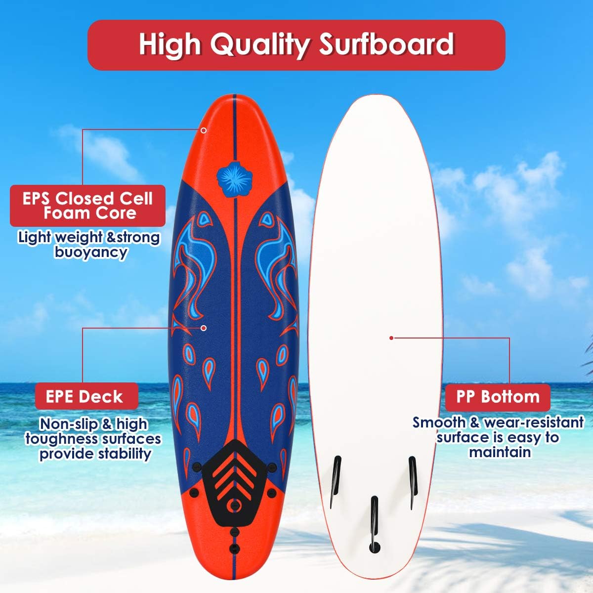 Giantex Surfboard, 6 Ft Stand Up Surfing Board with 3 Detachable Fins, Safety Leash, Non-Slip Lightweight Foam Surfboard for Kids, Teenager, Youth