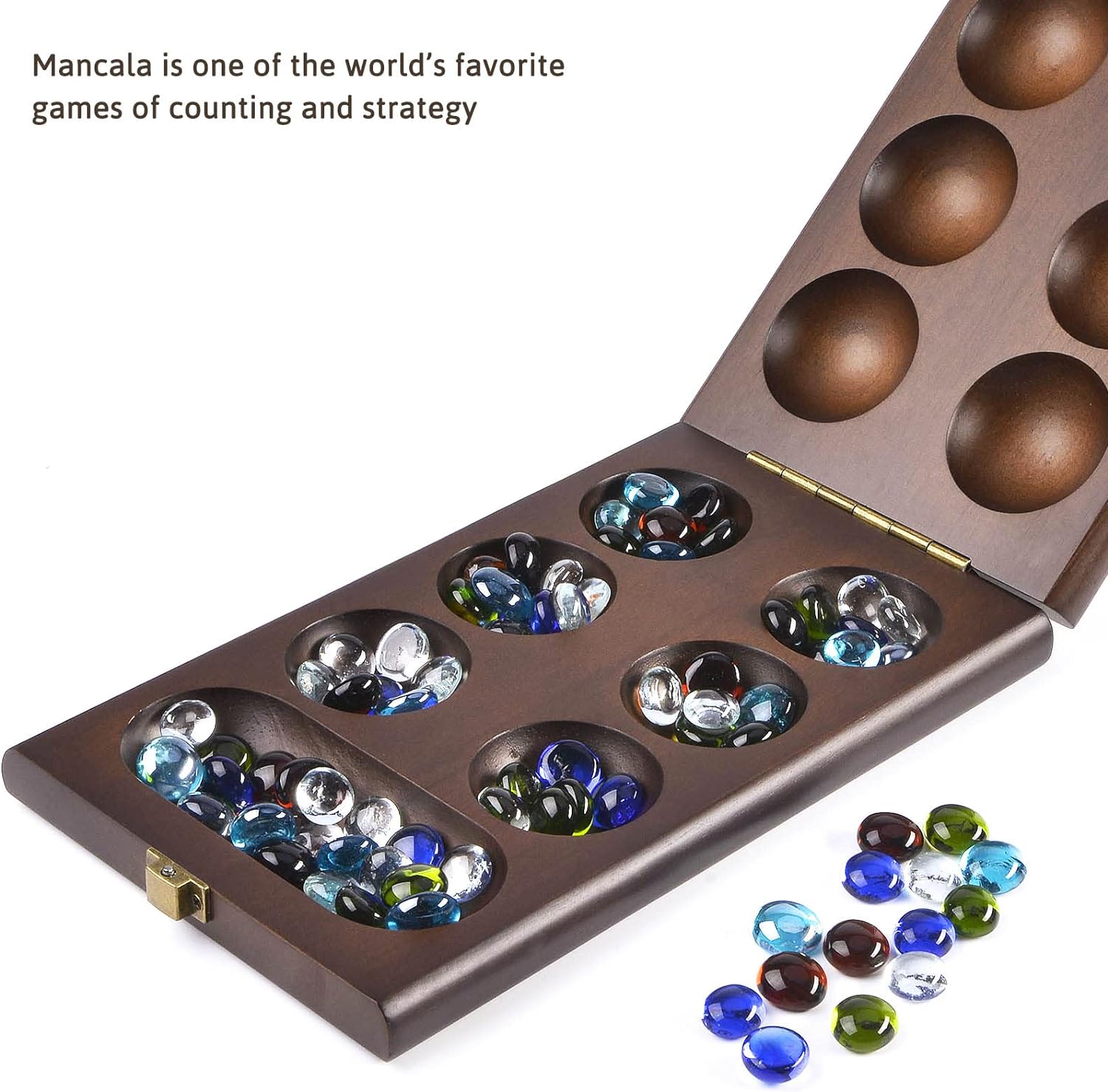 AMEROUS Wooden Mancala Board Game Set with 72+8 Bonus Multi Color Glass Stones - Folding Board - Mancala Instructions, Classic Family Board Game for Kids Adults, Tabletop Version