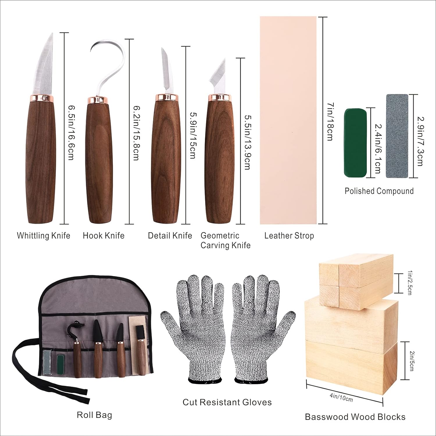 Wood Carving Tools Pack of 15- Includes Black Walnut Handle Wood Carving Knife,Whittling Knife,Hook Knife,Polishing Compound,Sharpening Stone,Cut Resistant Gloves,Wood Carving Kit for Beginners.