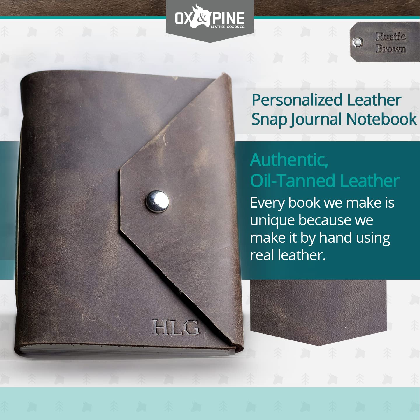 Ox & Pine Personalized Classic Leather Snap Journal - Made From Full Grain Leather - Notebook or Sketchbook (4x6, Unlined Paper, Rustic Brown) (4x6, Unlined Paper, Rustic Brown)