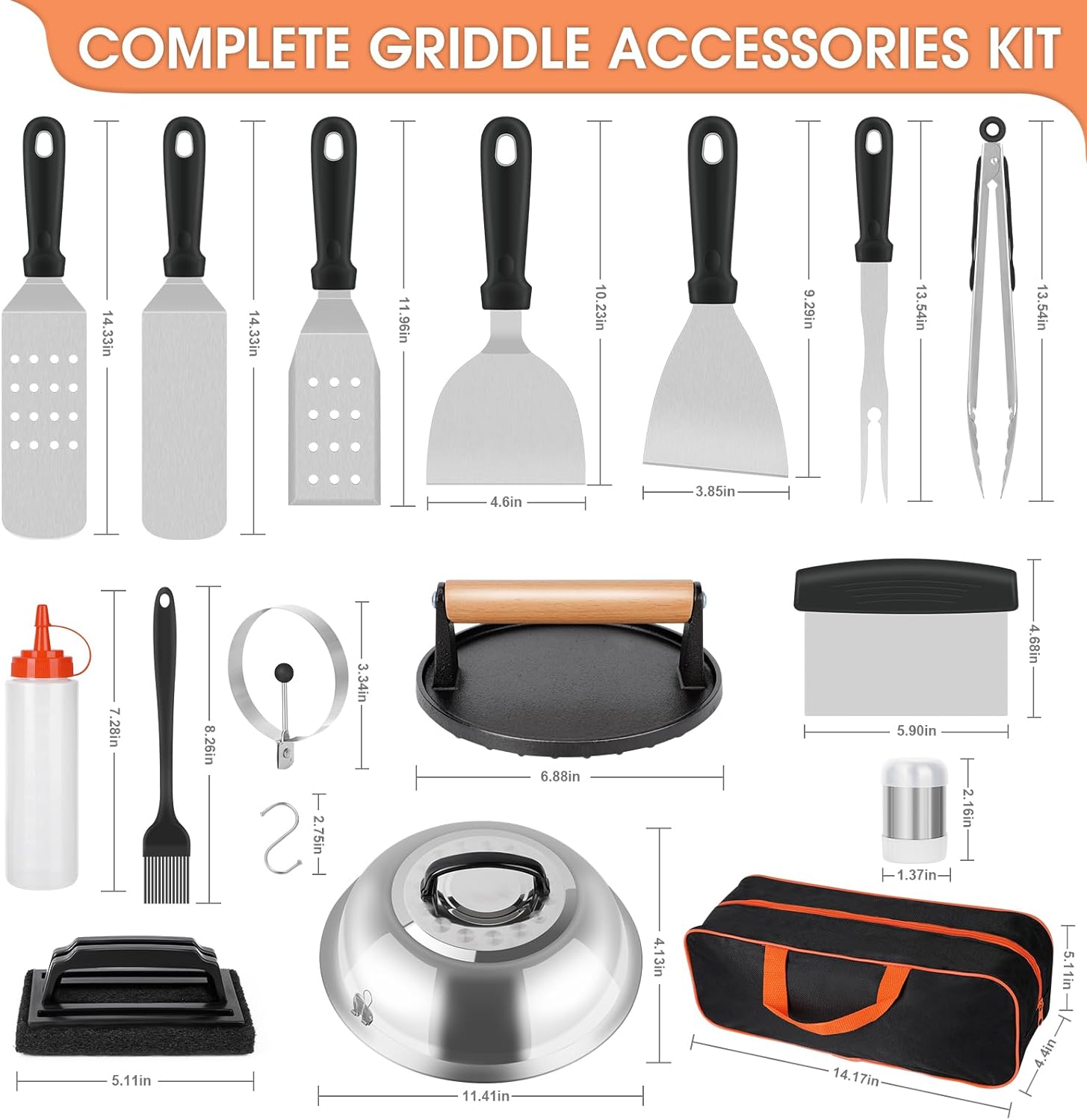 Griddle Accessories Kit, 29 PCS Flat Top Grill Accessories Set for Blackstone and Camp Chef, Metal Grill Spatula Set with Basting Cover, Burger Press, Tongs, Carry Bag for Outdoor Grilling BBQ