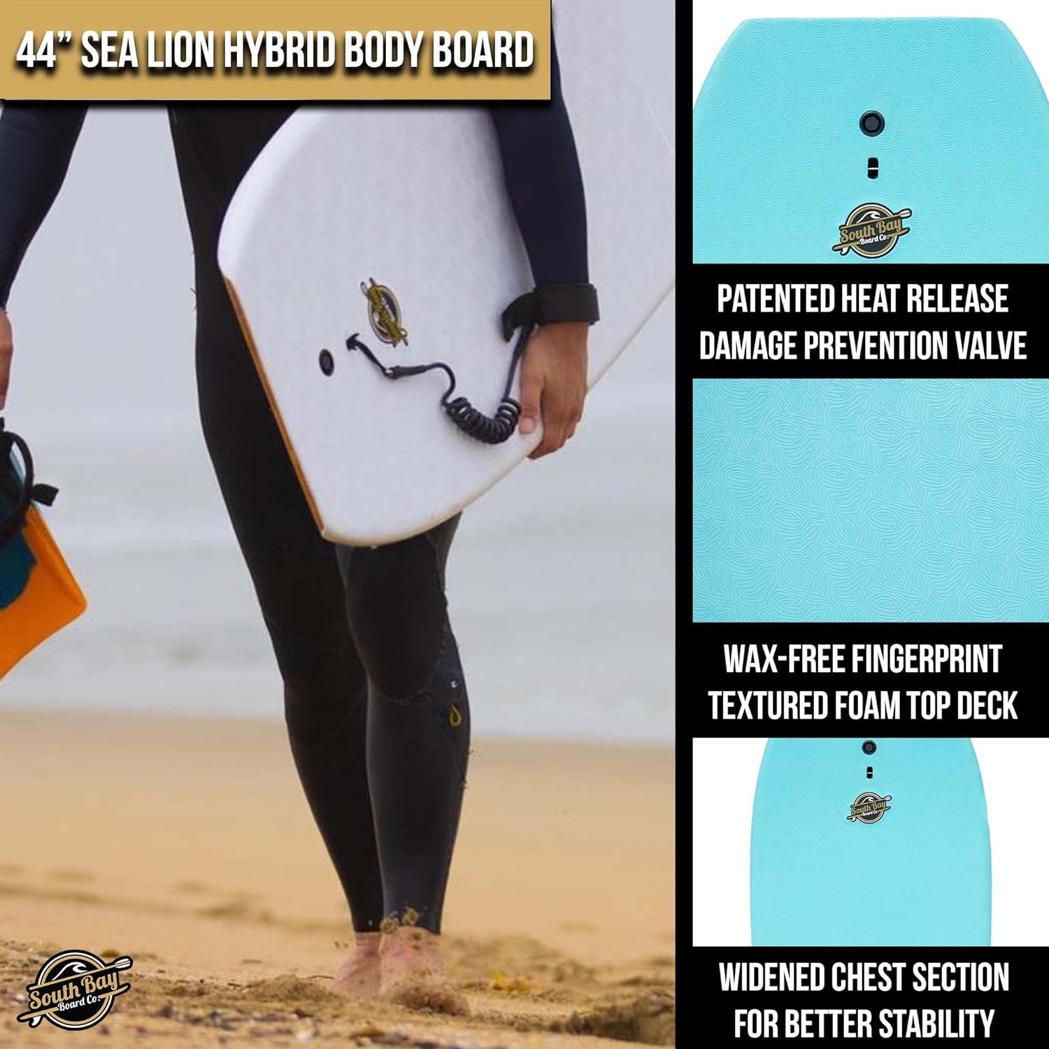 South Bay Board Co. - 44” Sea Lion Hybrid Bodyboard with Future Fins- Best Hybrid Body Board for Kids & Adults - Durable, EPS Core with I-Beam Stringer - Wax-Free IXPE Foam Deck & Epoxy Bottom Deck