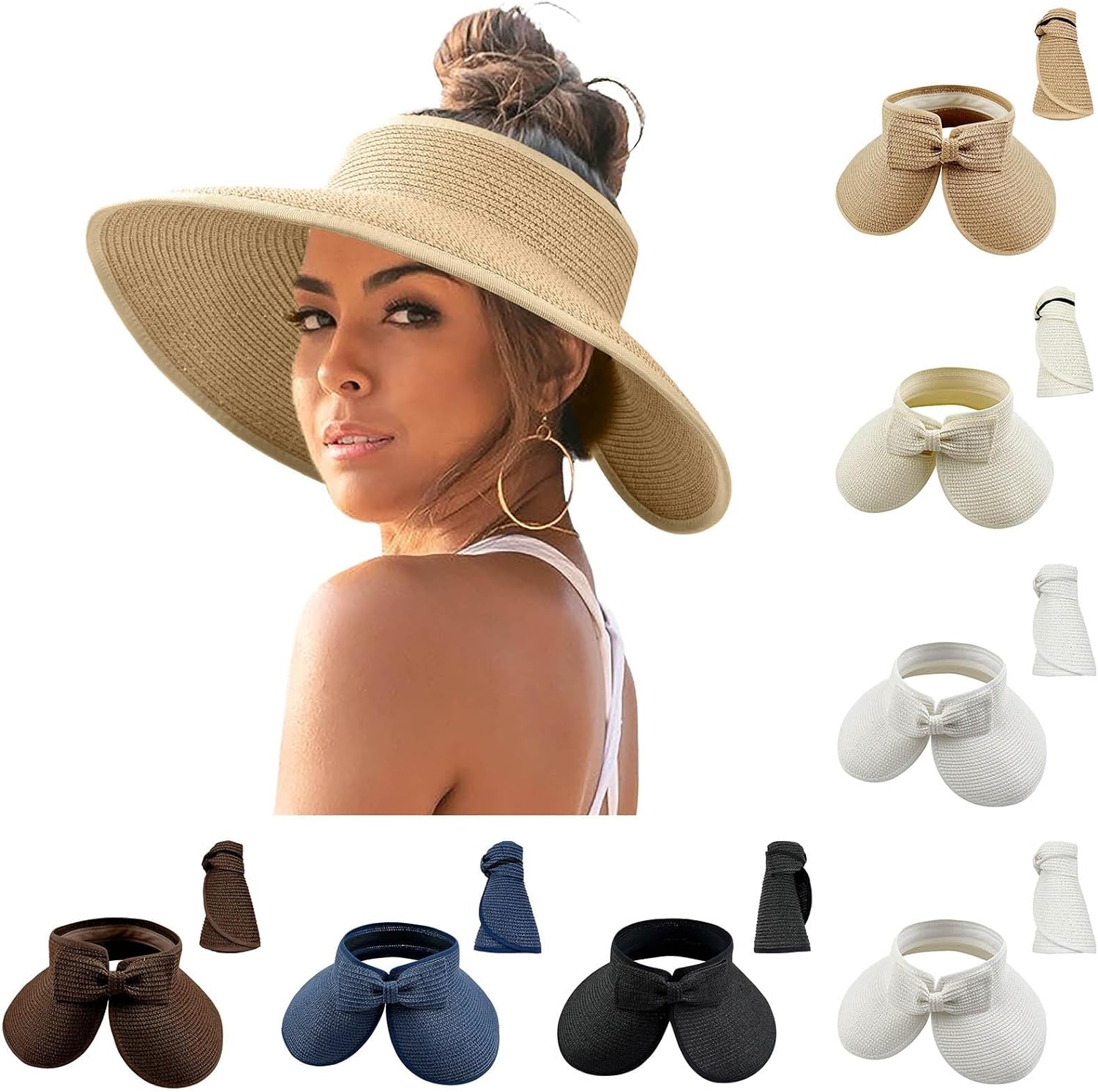 2024 Sun Visor Hats for Women Wide Brim Straw Roll-Up Ponytail Summer Beach Hat UV UPF Packable Foldable Travel