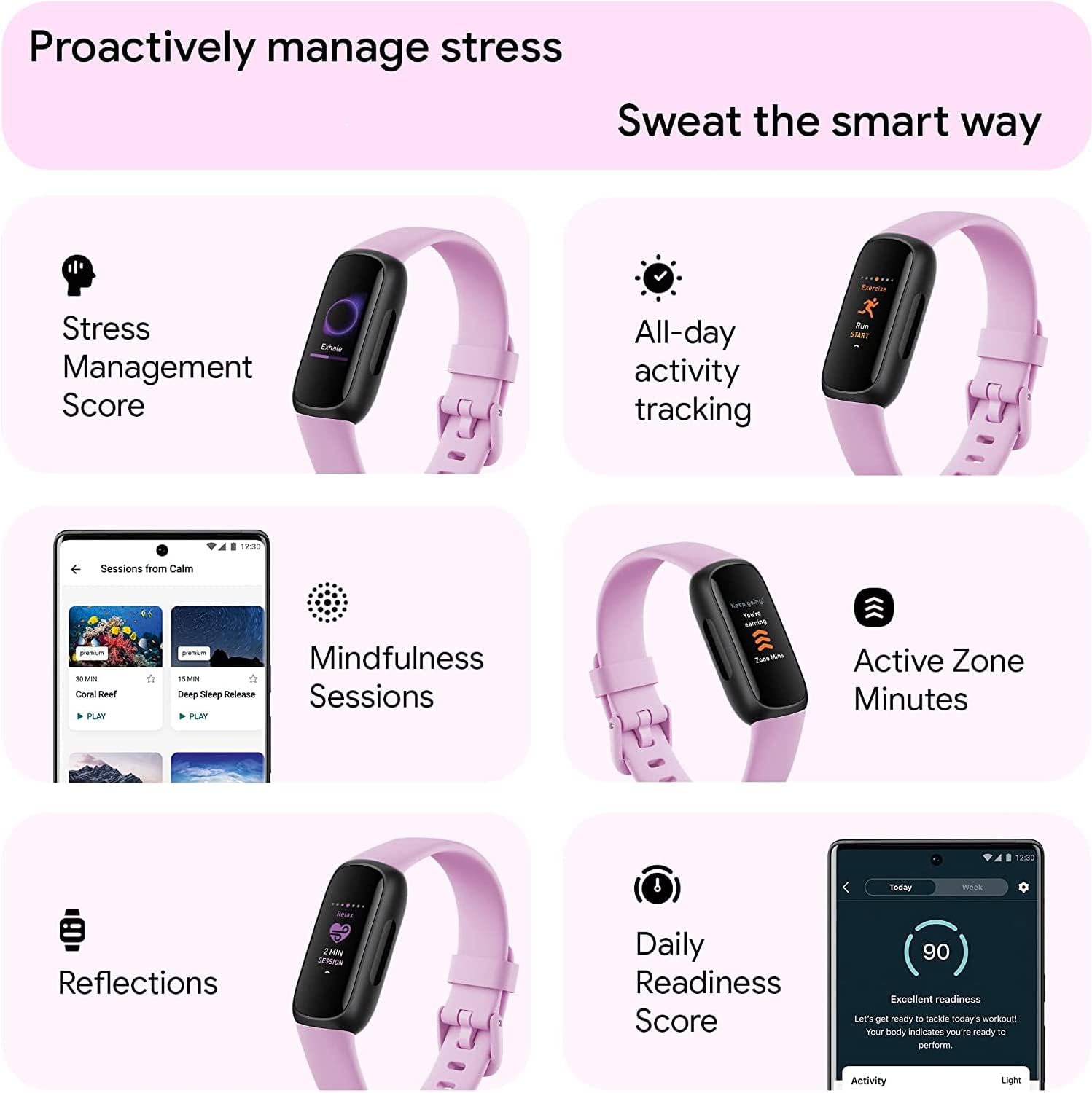 Fitbit Inspire 3 Health & Fitness Activity Tracker (Lilac Bliss) with Workout Intensity, Sleep Tracking, Heart Rate, 2 Bands, 3.3foot Charging Cable, Wall Adapter, Screen Protectors & PremGear Cloth