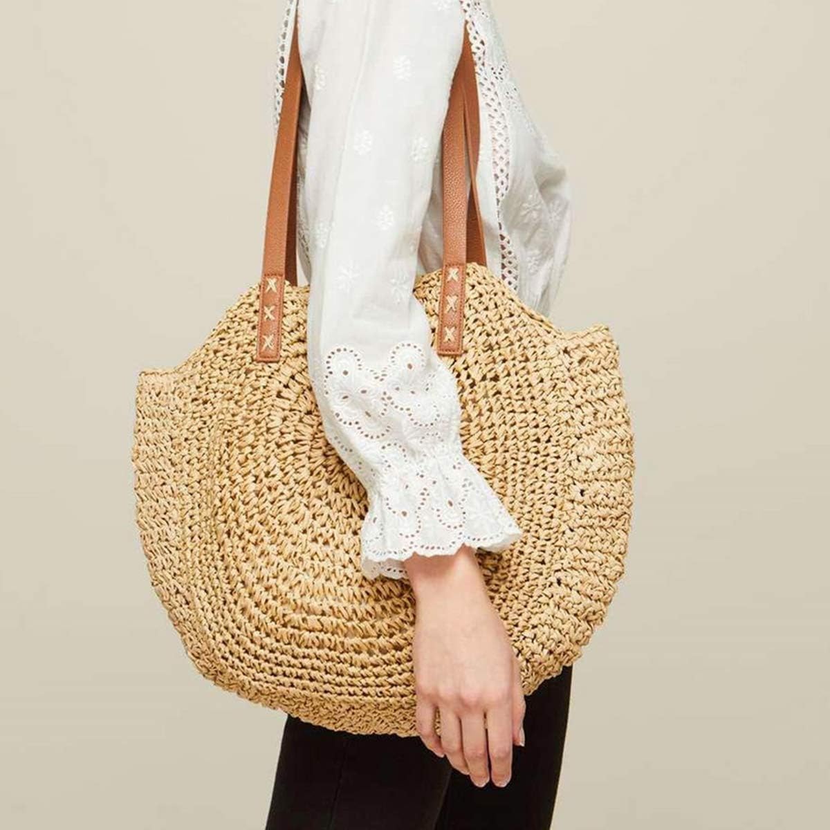 Straw Handbags Women Handwoven Round Corn Straw Bags Natural Chic Hand Large Summer Beach Tote Woven Handle Shoulder Bag