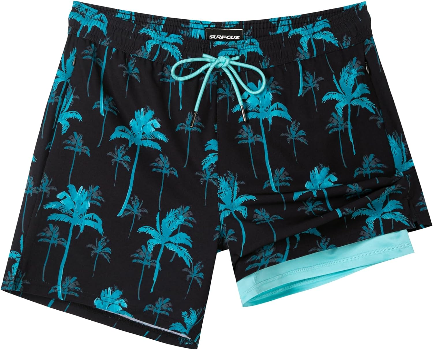 SURF CUZ Mens Swim Trunks with Compression Liner 5" Swim Shorts Quick Dry Bathing Suit Swimming Trunks Zipper Pockets