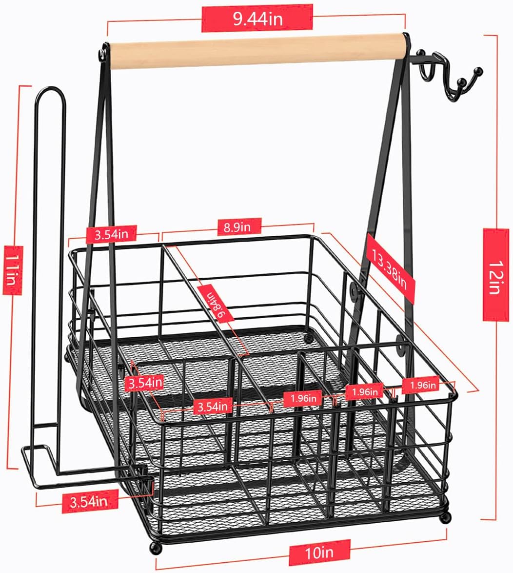 Picnic Caddy and Grill Utensil Caddy,Condiment Caddy, Grill-Caddy,Adjustable Compartment Storage,with 3 Hooks,Sturdy Thick,Easy Carry,Quick Assemble Grill Accessories Storage-Black