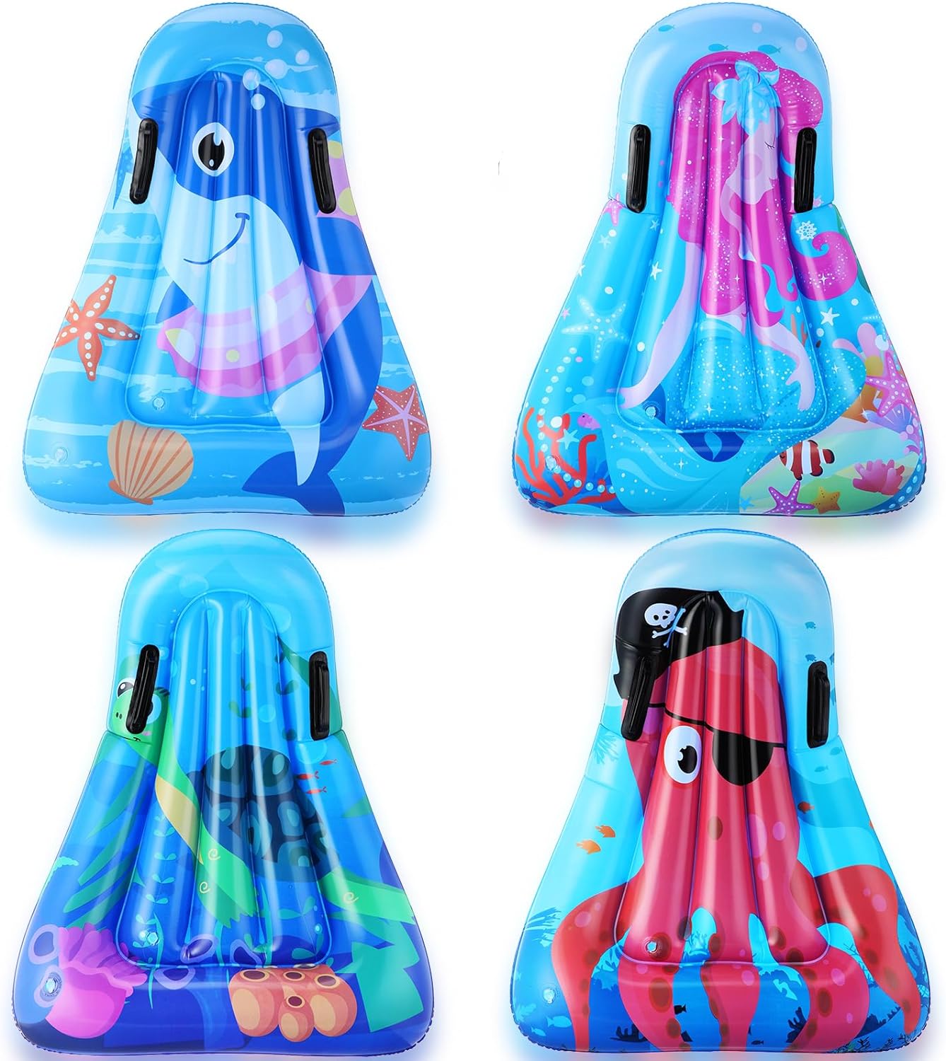 Inflatable Surf Body Board with Handles, Kids Inflatable Surfboard for Beach Shark Mermaid Turtle Octopus Pool Floating Surfboard for Kids Learning Surfing(4 Pcs)