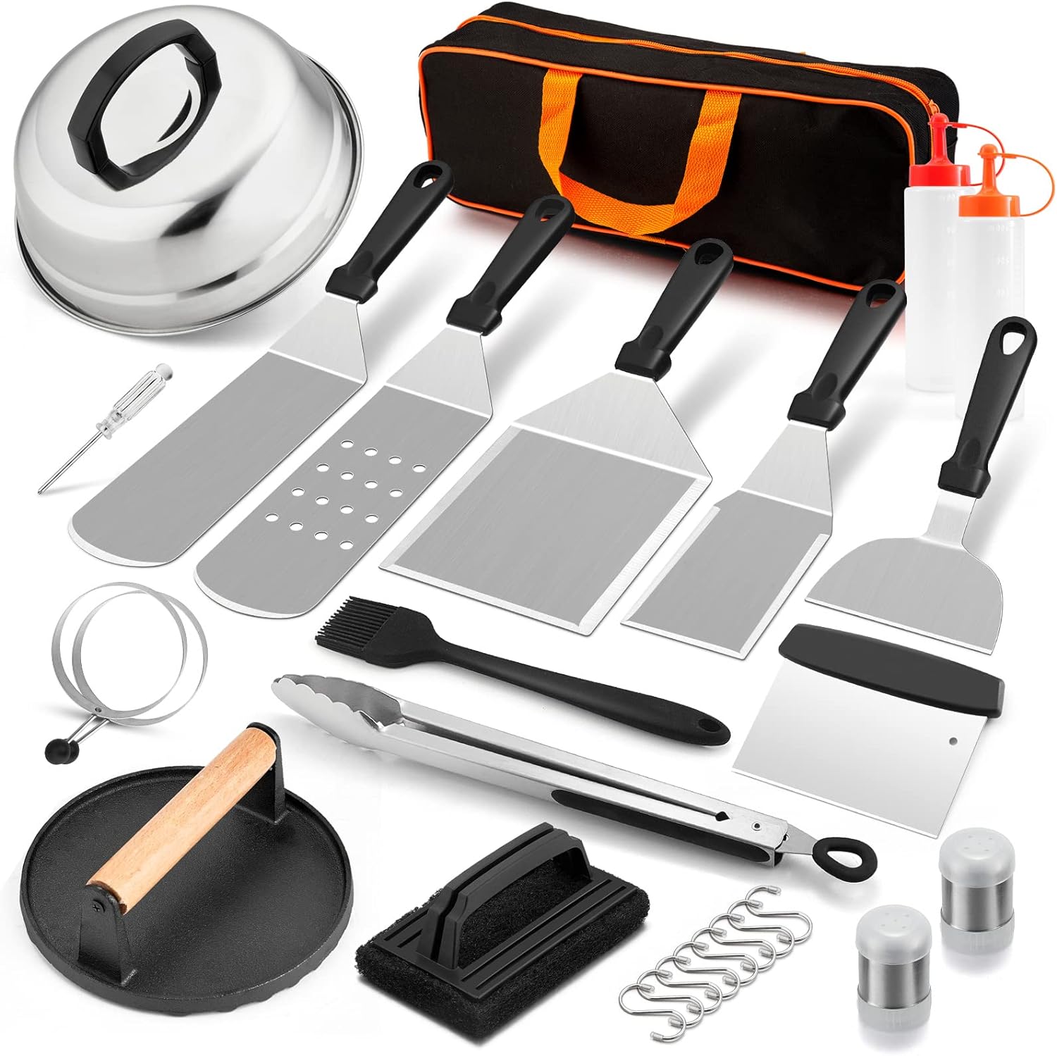 HaSteeL Griddle Accessories Kit of 18, Teppanyaki Tools for Flat Top Cooking Grilling Camping, Stainless Steel Melting Dome, Metal spatulas, Bacon Press for Outdoor BBQ, Heavy Duty & Dishwasher Safe