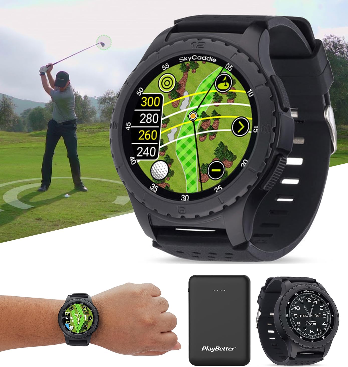 SkyCaddie LX5 Golf GPS Watch - Touchscreen Golf Range Finder & Shot Tracker Smartwatch w/ 35K Courses, IntelliGreen, Holevue, & Digital Scorecard - Bundle with PlayBetter Portable Charger