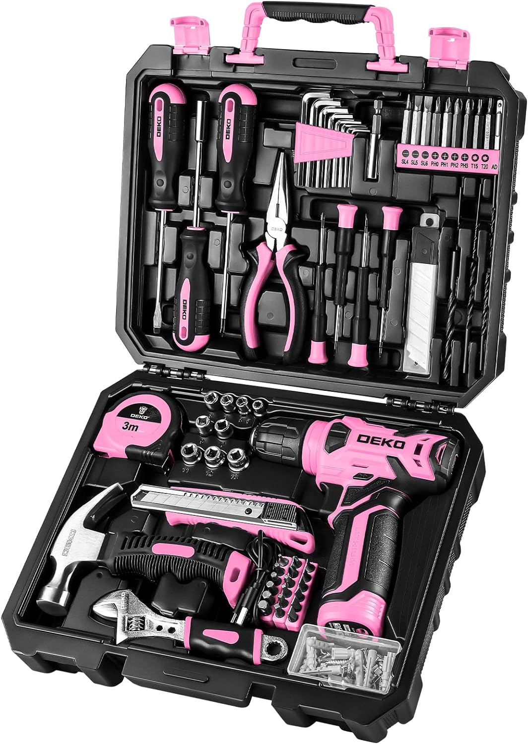 DEKOPRO Drill Set: Tool Set with 8V Pink Cordless Drill, Home Tool Kit with Drill, Hand Tool Kits for Women 126 Piece