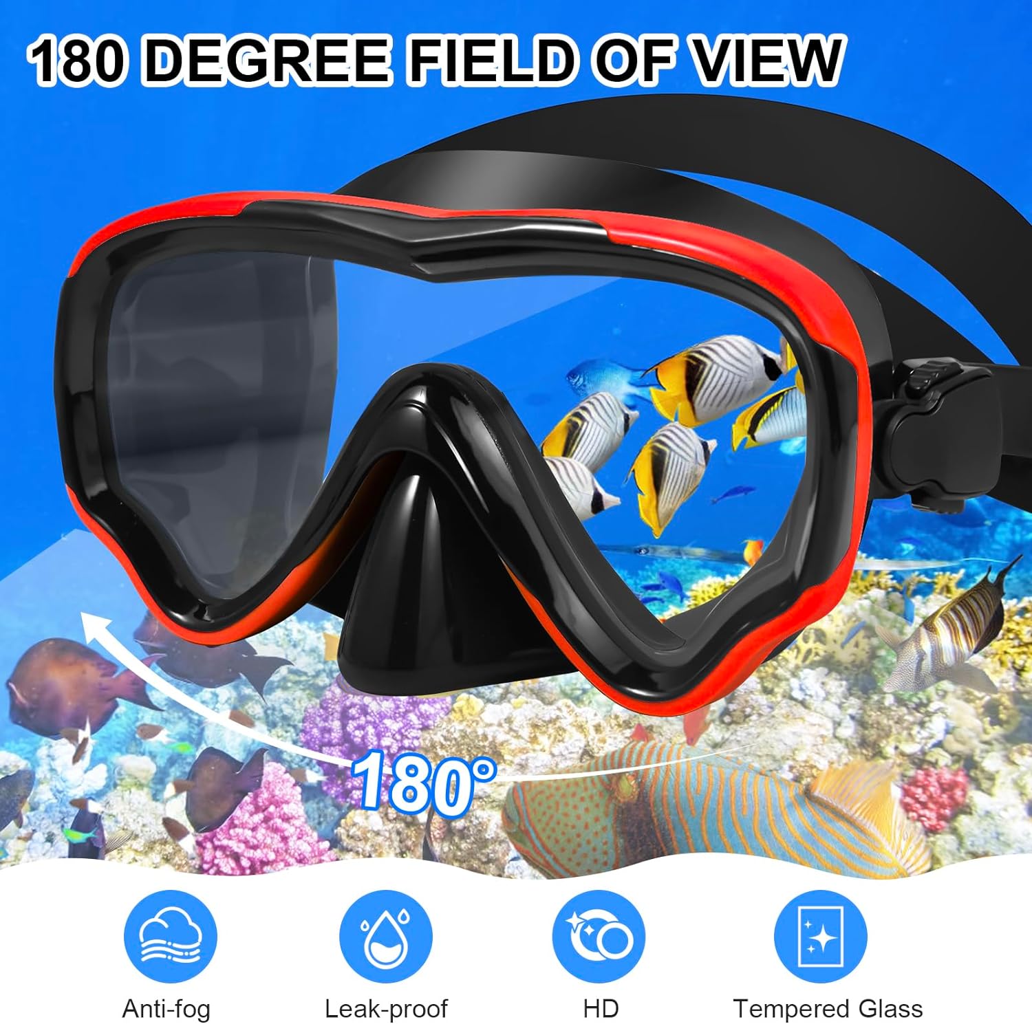 Snorkeling Gear for Adults, 180° Panoramic Wide View, Anti-Fog Lenses Scuba Diving Mask, Anti-Leak Snorkel Goggles Dry Top Snorkel, Adjustable Strap Diving Mask with Carry Bag