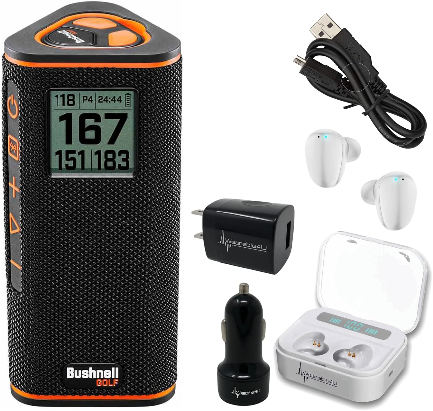 Wearable4U - Bushnell Wingman View Golf GPS Bluetooth Speaker with Ultimate White Earbuds and Wall and Car Chargers Bundle