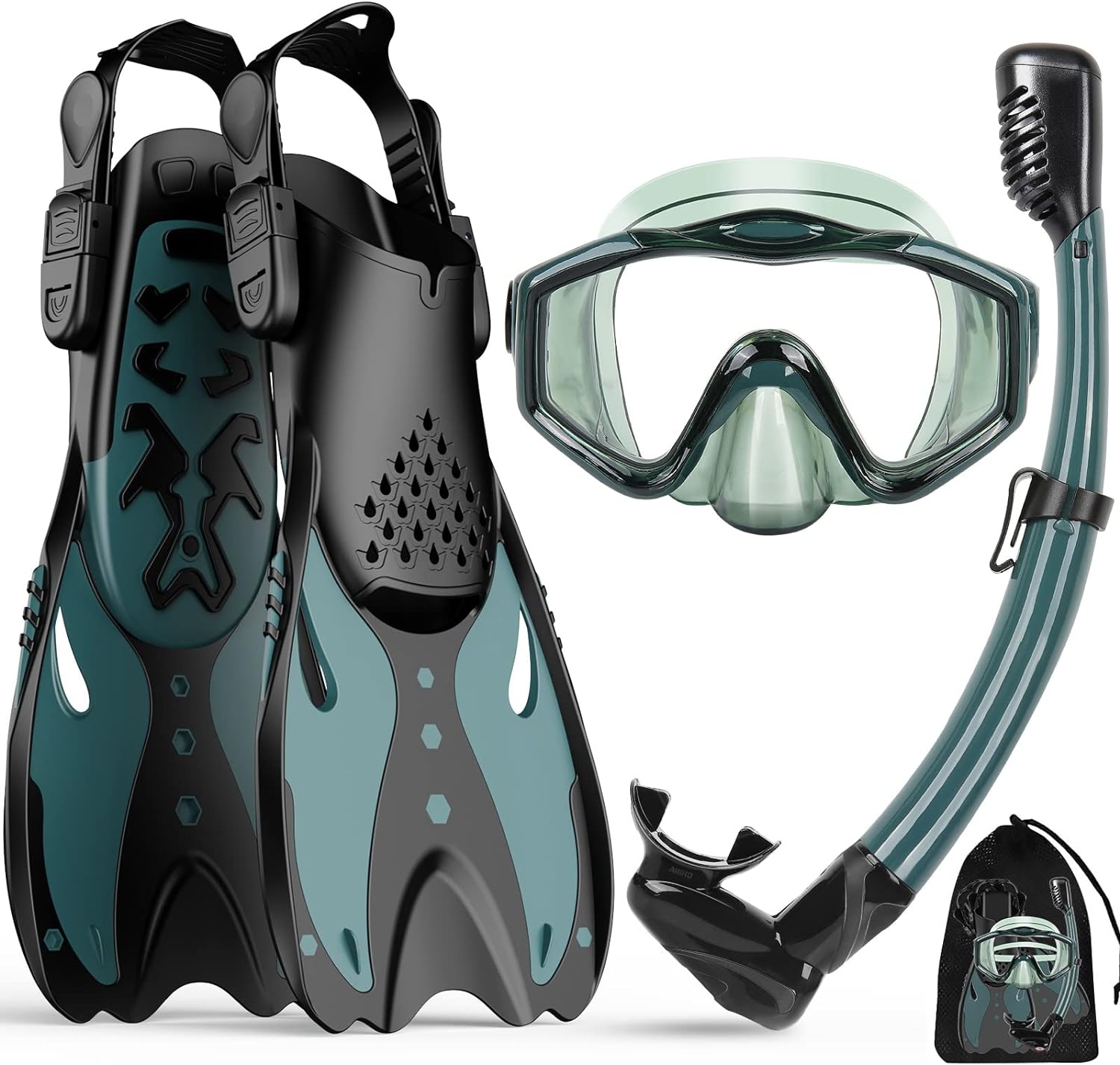 KUYOU Mask Fins Snorkeling Gear for Adults - Wide View Anti-Fog Mask, Full Dry Top Snorkel Gear Set