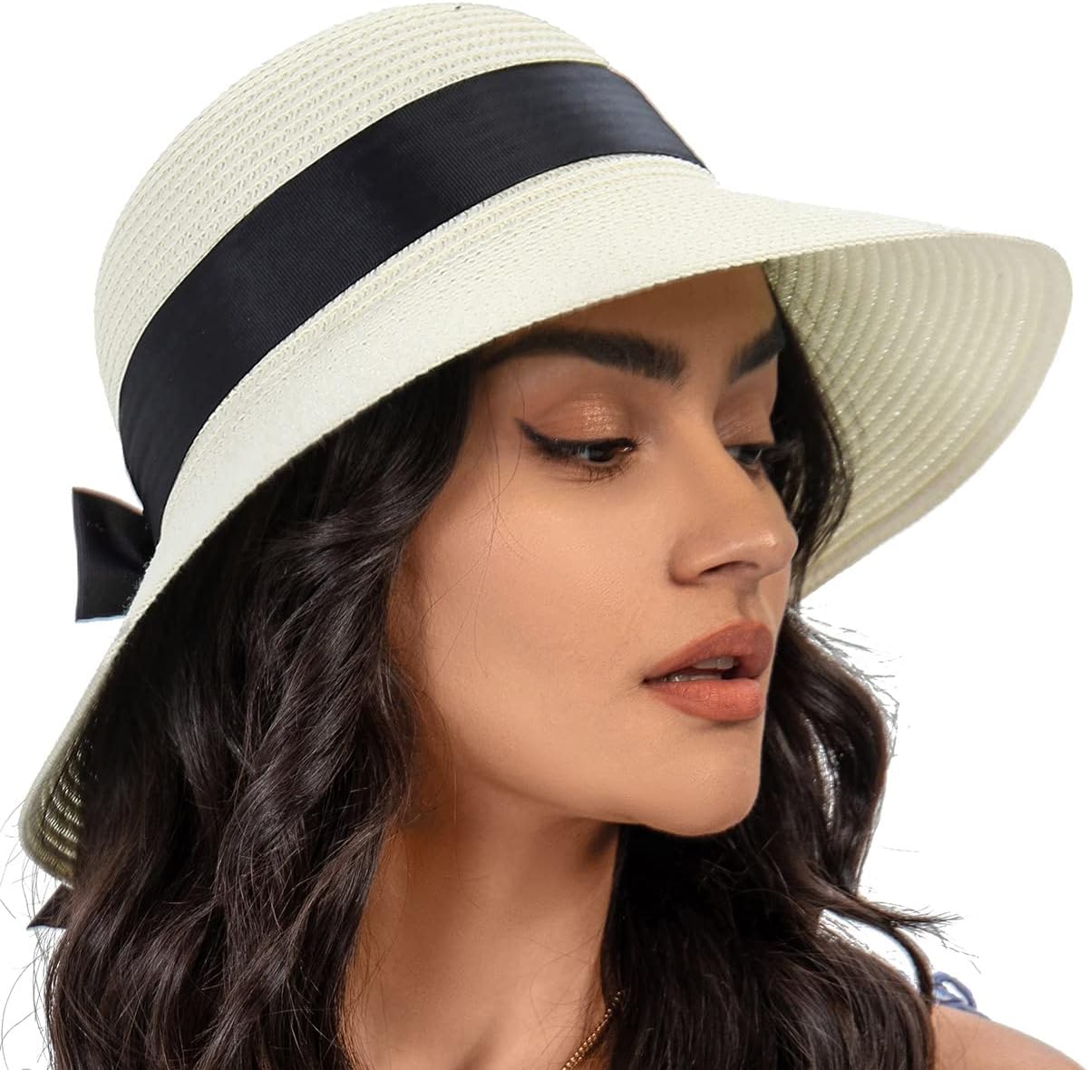 Sun Straw Hat for Women with Wind Lanyard Wide Brim Foldable Beach Summer Hats Womens UV 50+ Protection Bowknot Cap