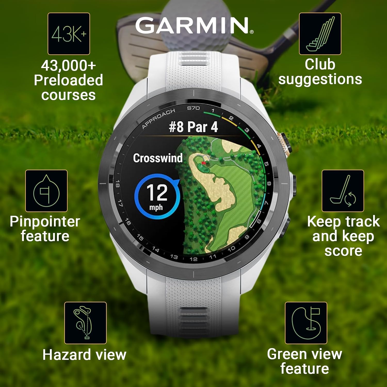 Wearable4U - Garmin Approach S70 - Ceramic 42 mm Golf: 1.2" AMOLED Display Up to 10 Days Battery Life, Multisport High-Performance Multi-Band GPS Premium Smart Watch w/ 43K+ Golf maps & Gift Bundle