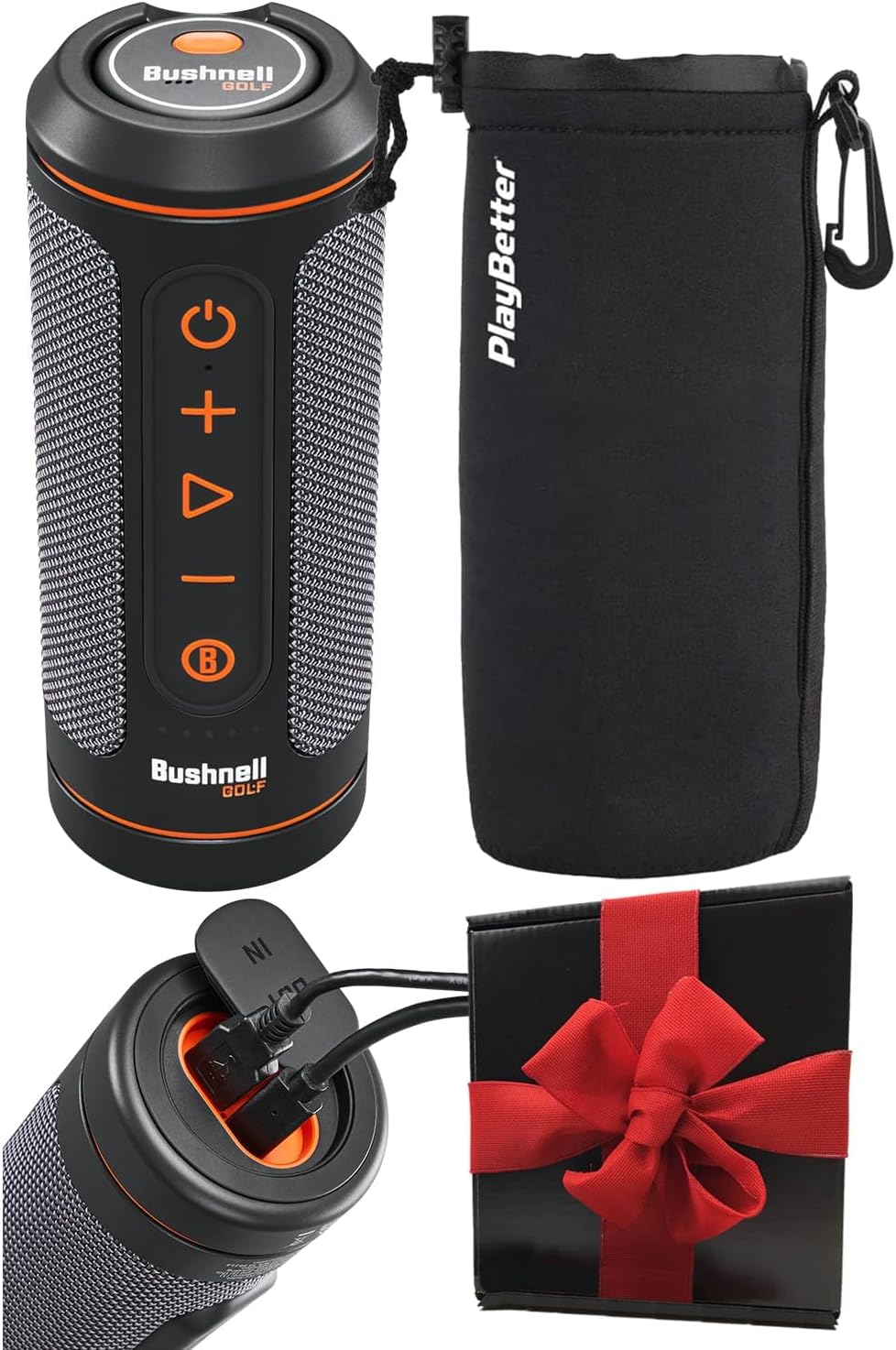 Bushnell Wingman 2 Golf GPS Speaker Gift Box Bundle - Golf Bluetooth Speaker with Integrated BITE Magnetic Mount & Battery Indicator - Perfect Golf Gift - Includes Protective Wingman Pouch, Red Bow