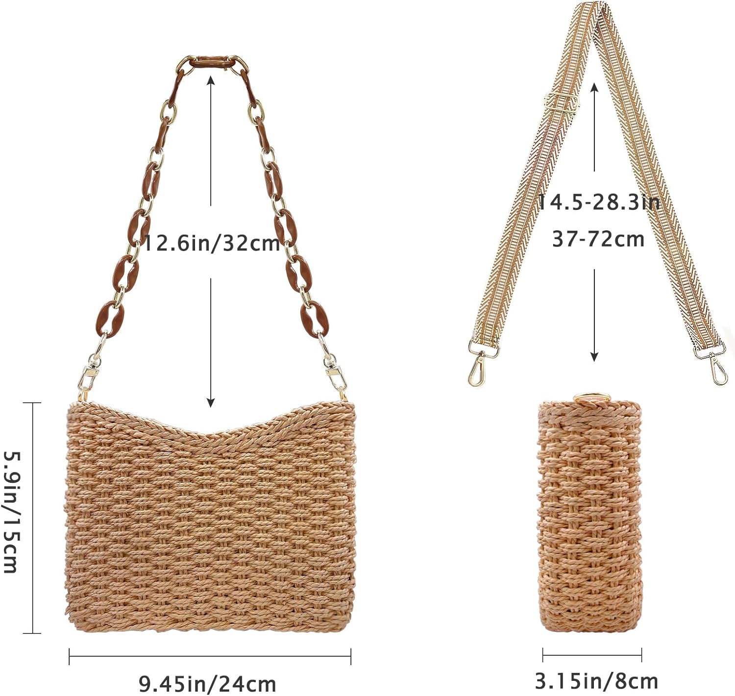 Beurlike Straw Handbags Crossbody Pocketbook Bag for women Woven Shoulder Purse Beach Bags Summer Tote Bags with Chain