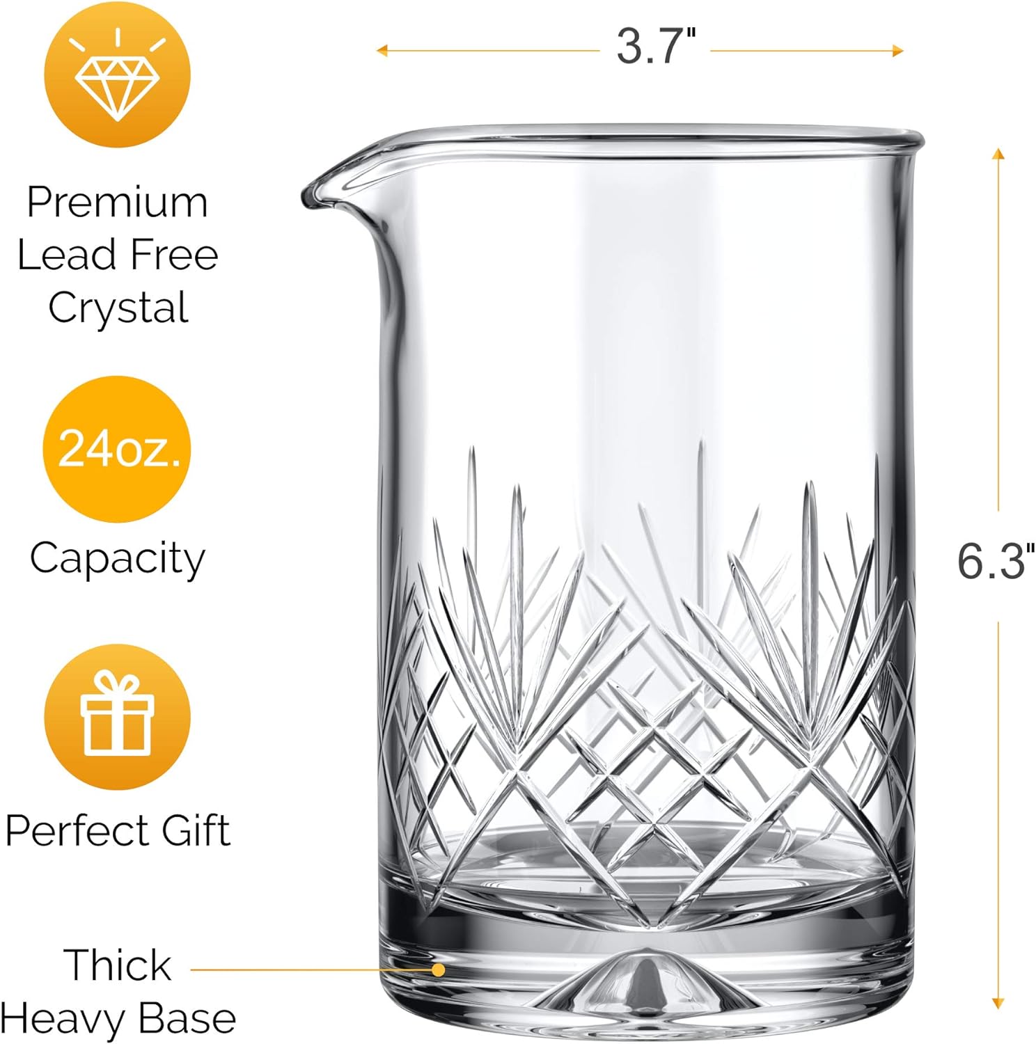 Crystal Cocktail Mixing Glass - Premium 24oz 710ml - Solid, Stable, Sturdy Hand Blown Crystal - Professional Quality Barware - Gift for Wedding, Anniversary, Birthday, Father's Day