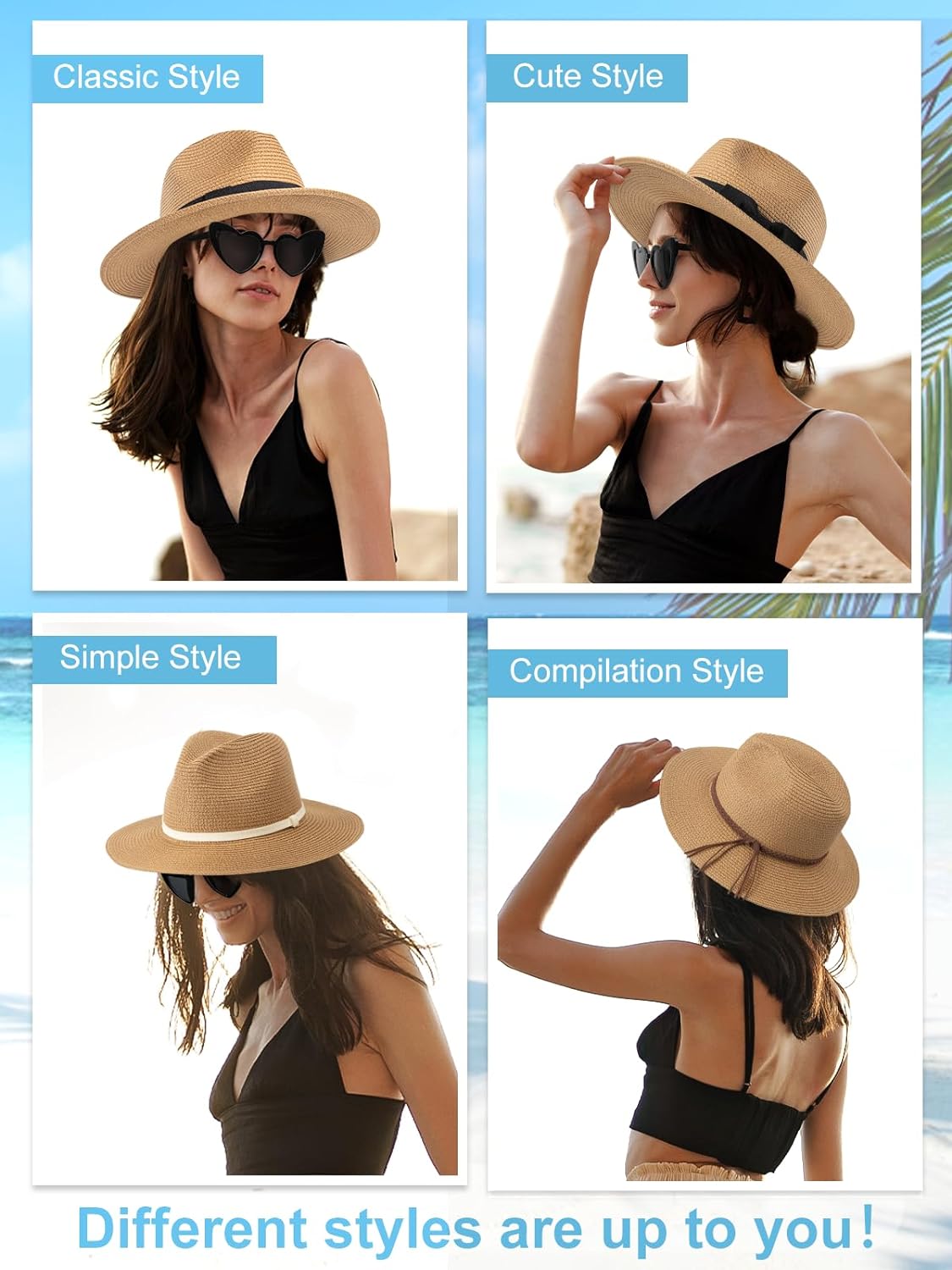 Sun Hats for Women Straw Panama Hat Wide Brim Fedora Beach Hat Packable UV UPF 50+ Summer Hat