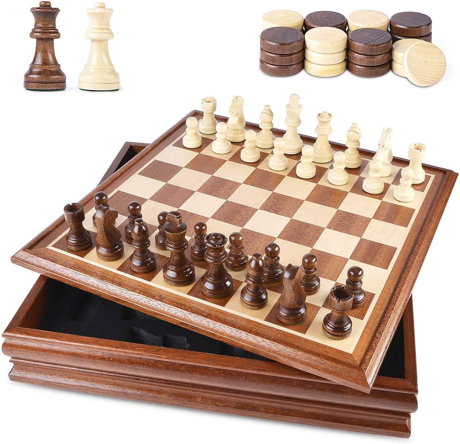 Chess and Checkers Board Game Sets for Adults Wooden Deluxe 15 inch Wood Board Box with Storage, Classic 2 in 1 Large Size with Chess Pieces - 3” King Height - 2 Extra Queens