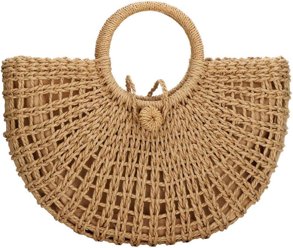 YYW Straw Bags for Women,Hand-woven Straw Top-handle Bag with Round Ring Handle Summer Beach Rattan Tote Handbag