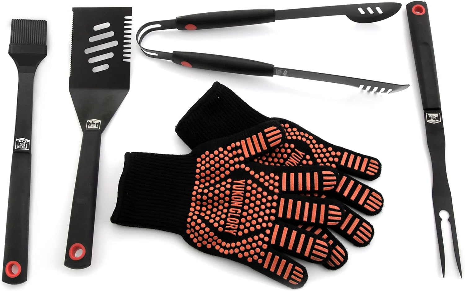 Yukon Glory™ Heavy Duty 5 Piece Grilling Tools Set, Durable Stainless Steel BBQ Accessories, Long Handle 3 in 1 Spatula, Tongs, Brush, Grill Fork, Thick Grilling Gloves, Gift Set