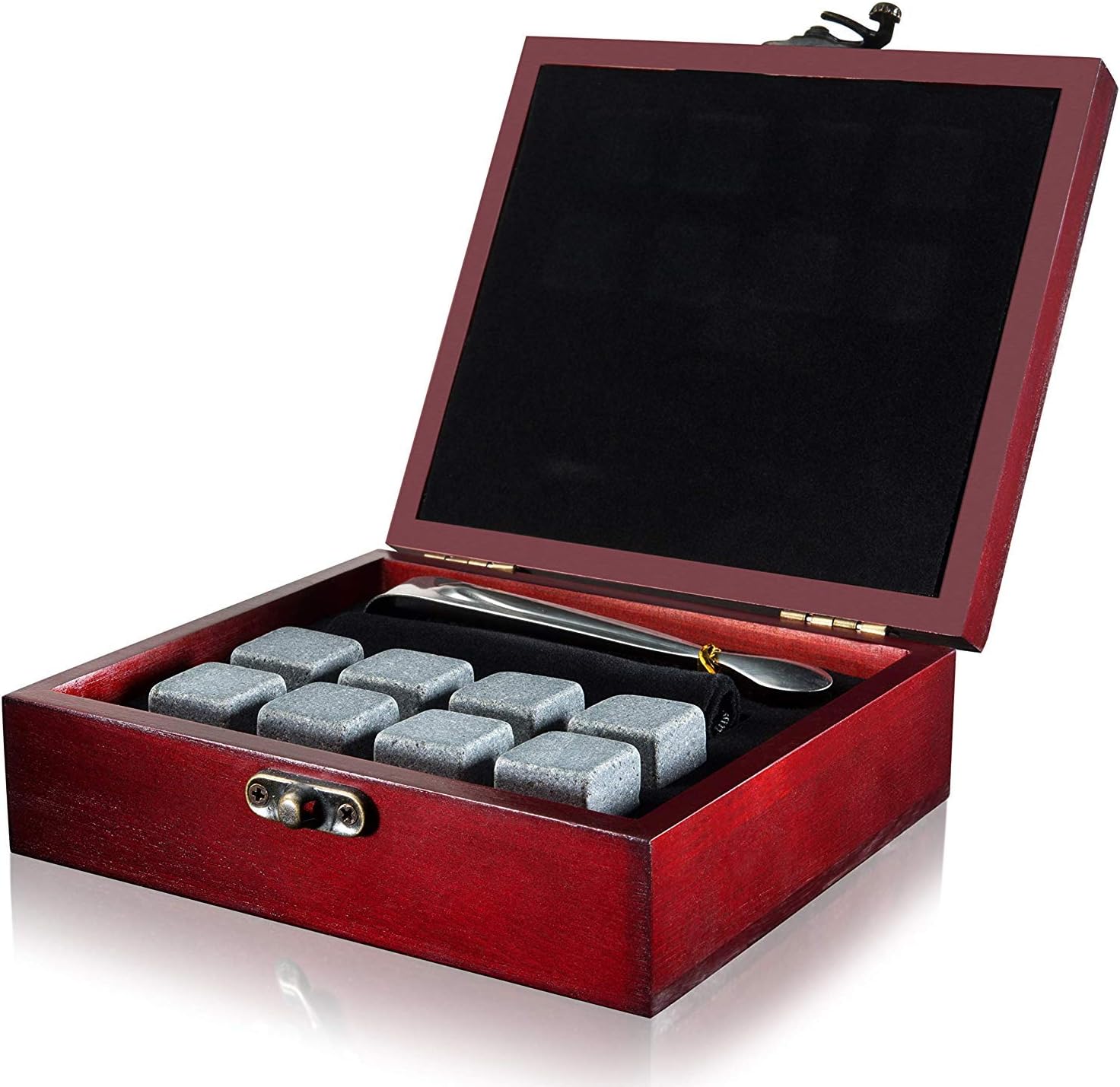 Gift Set of 8 Whiskey Chilling Stones [Chill Rocks] - in Premium Wooden Gift Box with Stainless Steel Tongs and Velvet Carrying Pouch - Made of Pure Soapstone - by Quiseen