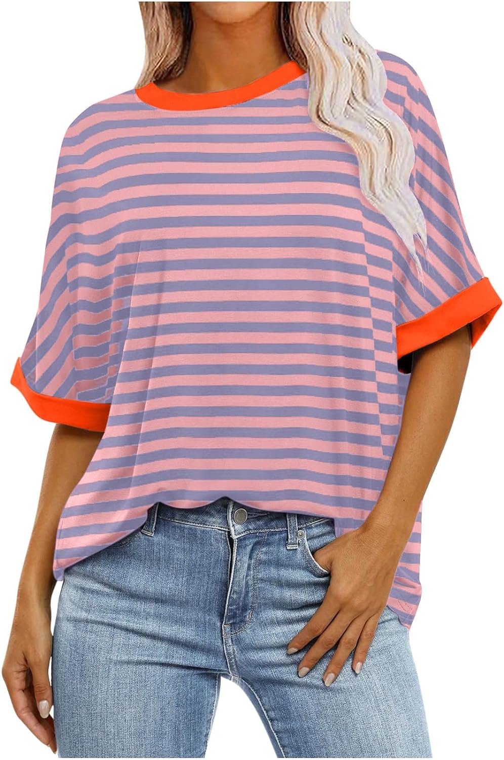 Oversized Tshirts for Women Summer 3/4 Length Sleeve Tops Casual Striped Crew Neck Tee Fashion Loose Clothes 2024