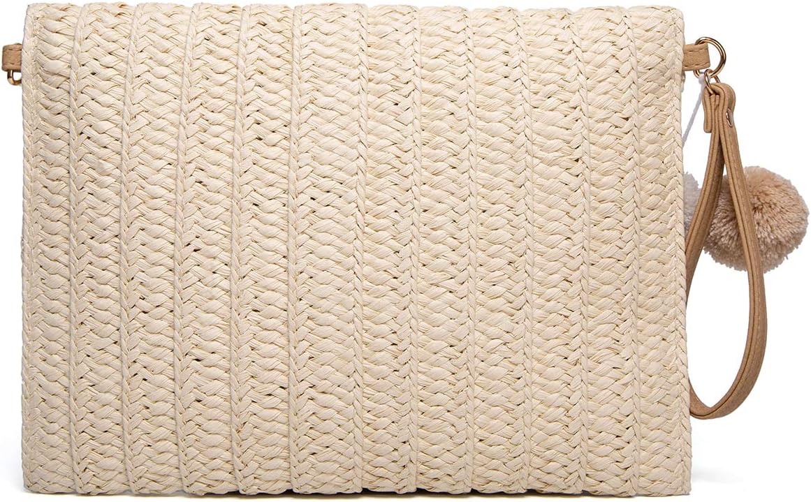 Straw Shoulder Bag Straw Clutch Women Hand-woven PomPom Straw Crossbody Bag Summer Beach Envelope Purse Wallet