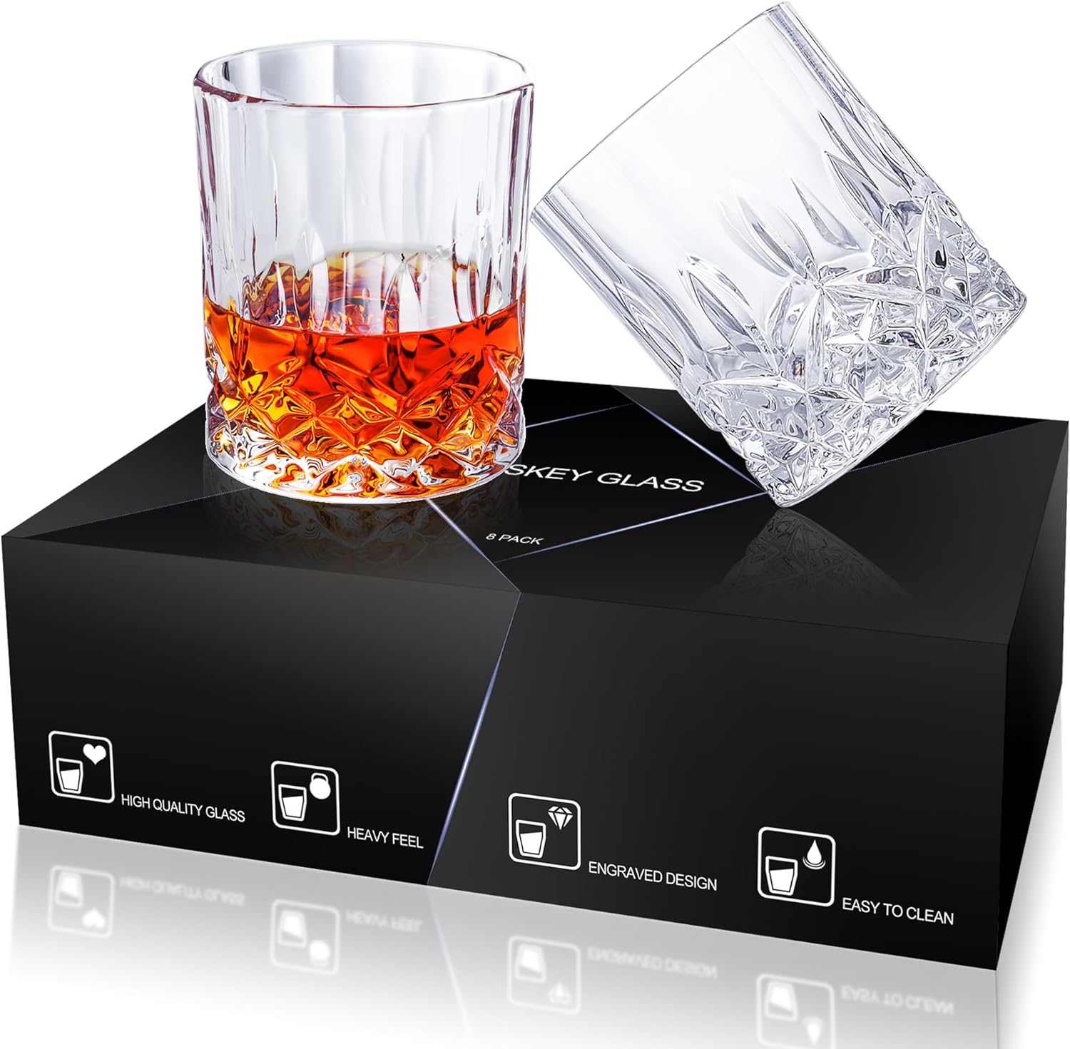 Whiskey Glasses Set of 8, 11 OZ Cocktail Glasses In Gift Box, Old Fashioned Glasses for Drinking Scotch Bourbon Cognac Vodka Rum Liquor, Rocks Glasses, Crystal Scotch Glasses, Gifts for Men