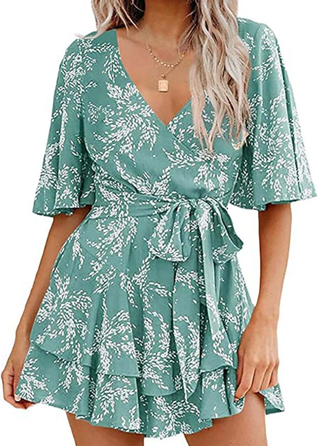 Women Summer Outfits Romper V Neck Floral Print Jumpsuit Short Flared Sleeve Tie Waist Tiered Ruffle Hem Cute Rompers