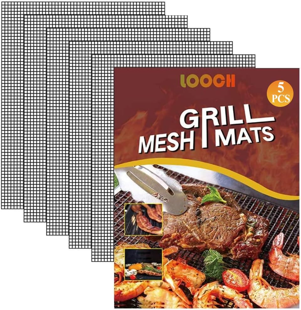 LOOCH BBQ Mesh Grill Mat Set of 5 - Heavy Duty Nonstick Mesh Grilling Mats & Barbecue Accessories - Reusable and Easy to Clean - Works on Gas, Charcoal, Electric Grill and More - 15.75 x 13 Inch