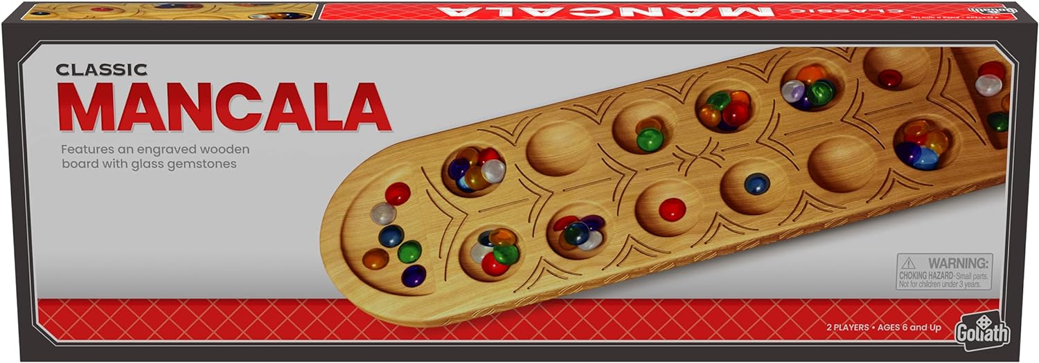 Classic Mancala Game - Features A Full-Sized, Solid Wooden Board with Exquisite Detail Stones by Pressman For 2 Players