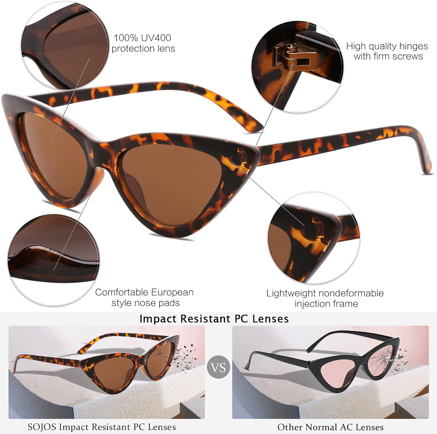 SOJOS Retro Vintage Narrow Cat Eye Sunglasses for Women Clout Goggles Plastic Frame SJ2044