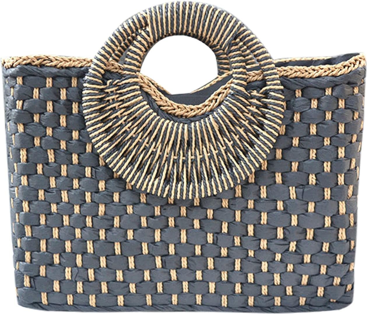 QZUnique Hand-woven Straw Bag Women Summer Beach Handbag Purse Retro Rattan Tote Clutch Travel Bag with Wood Round Top Handle